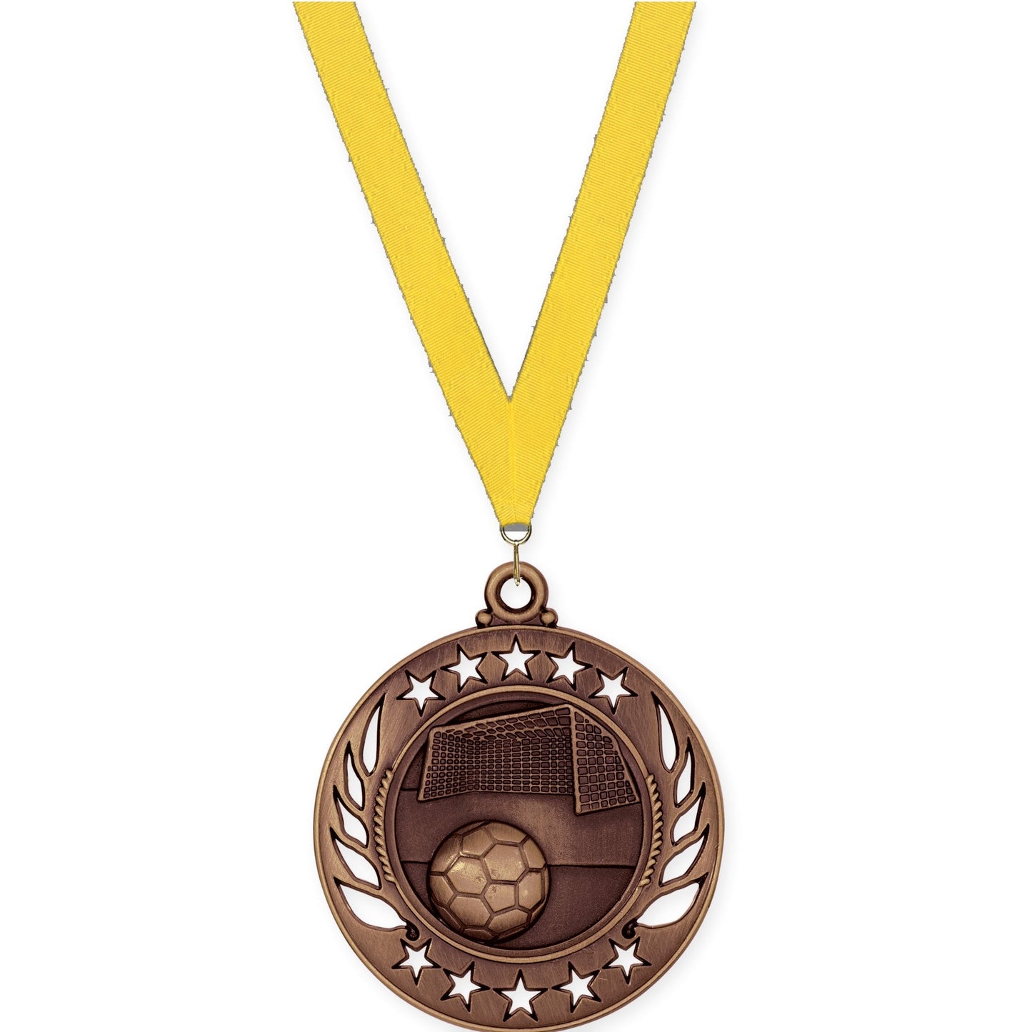 2 1/4 inch soccer Galaxy medal in antique bronze with Yellow neck ribbon