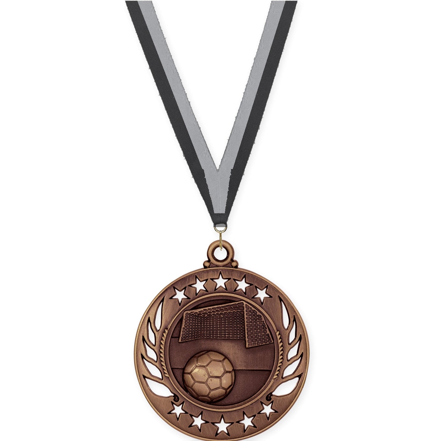 2 1/4 inch soccer Galaxy medal in antique bronze with Black Gray neck ribbon