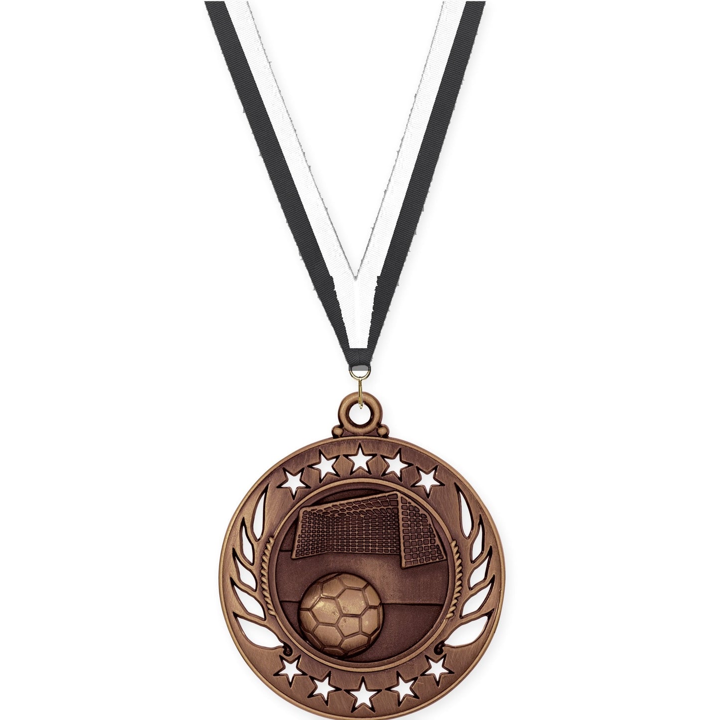 2 1/4 inch soccer Galaxy medal in antique bronze with Black White neck ribbon
