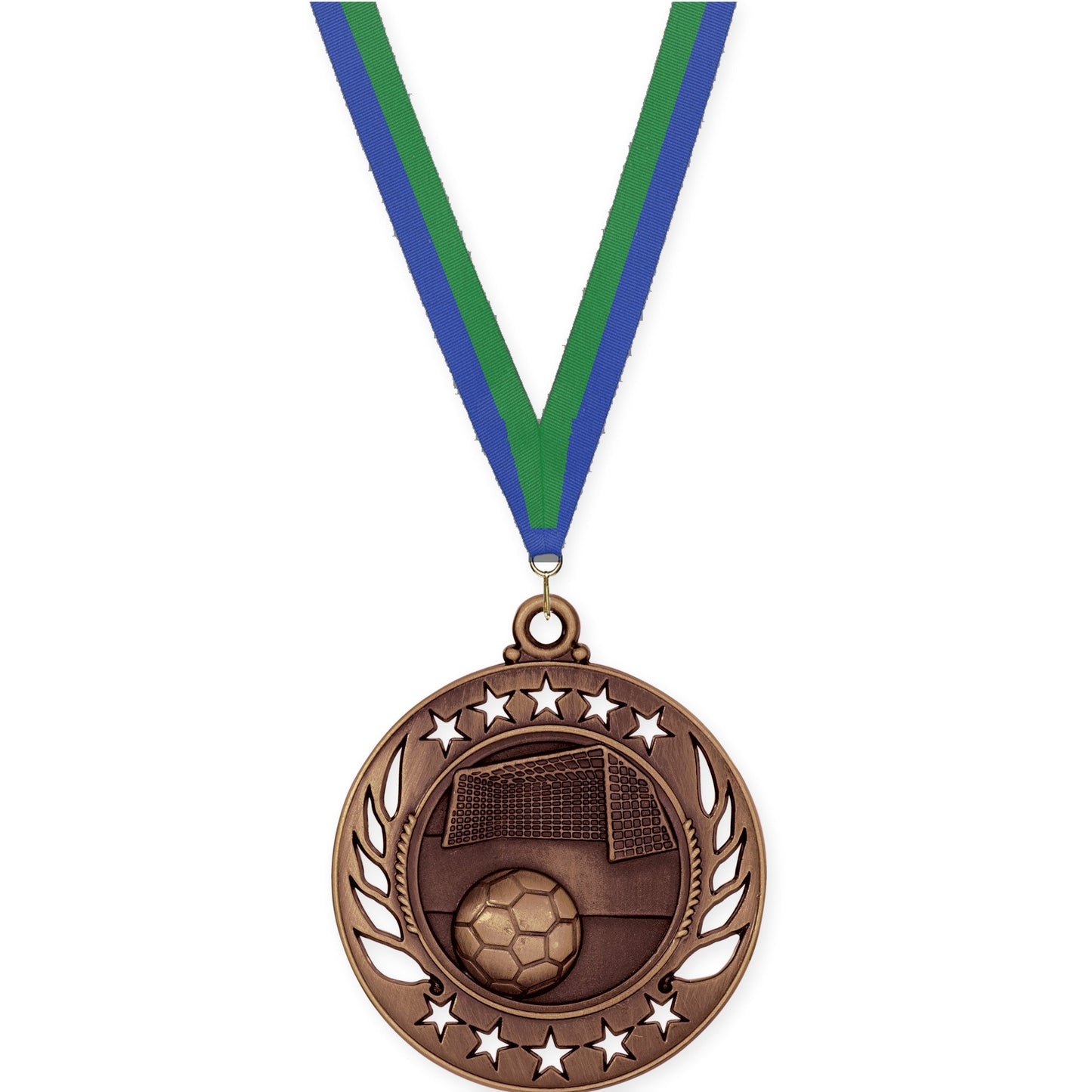 2 1/4 inch soccer Galaxy medal in antique bronze with Blue Green neck ribbon