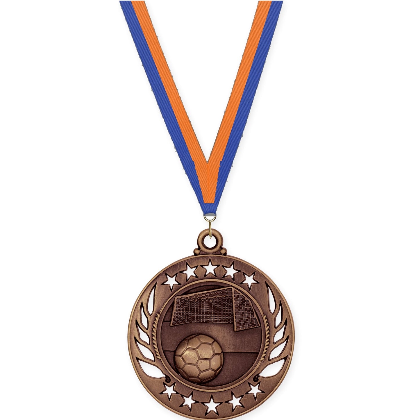 2 1/4 inch soccer Galaxy medal in antique bronze with Blue Orange neck ribbon