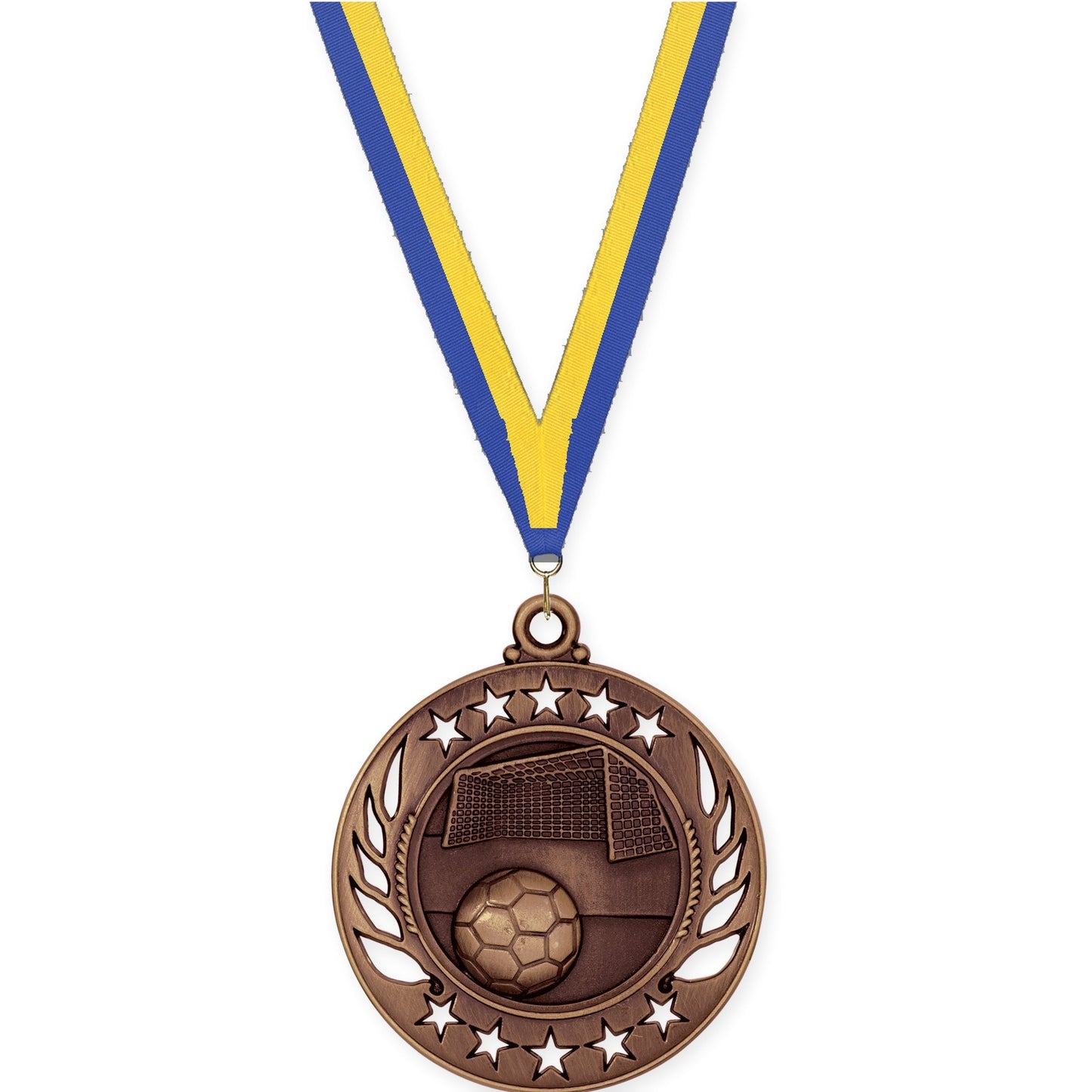 2 1/4 inch soccer Galaxy medal in antique bronze with Blue Yellow neck ribbon