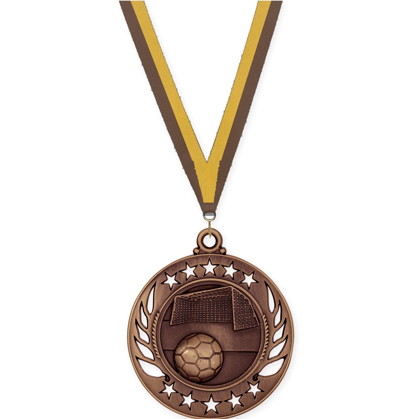 2 1/4 inch soccer Galaxy medal in antique bronze with Brown Gold neck ribbon