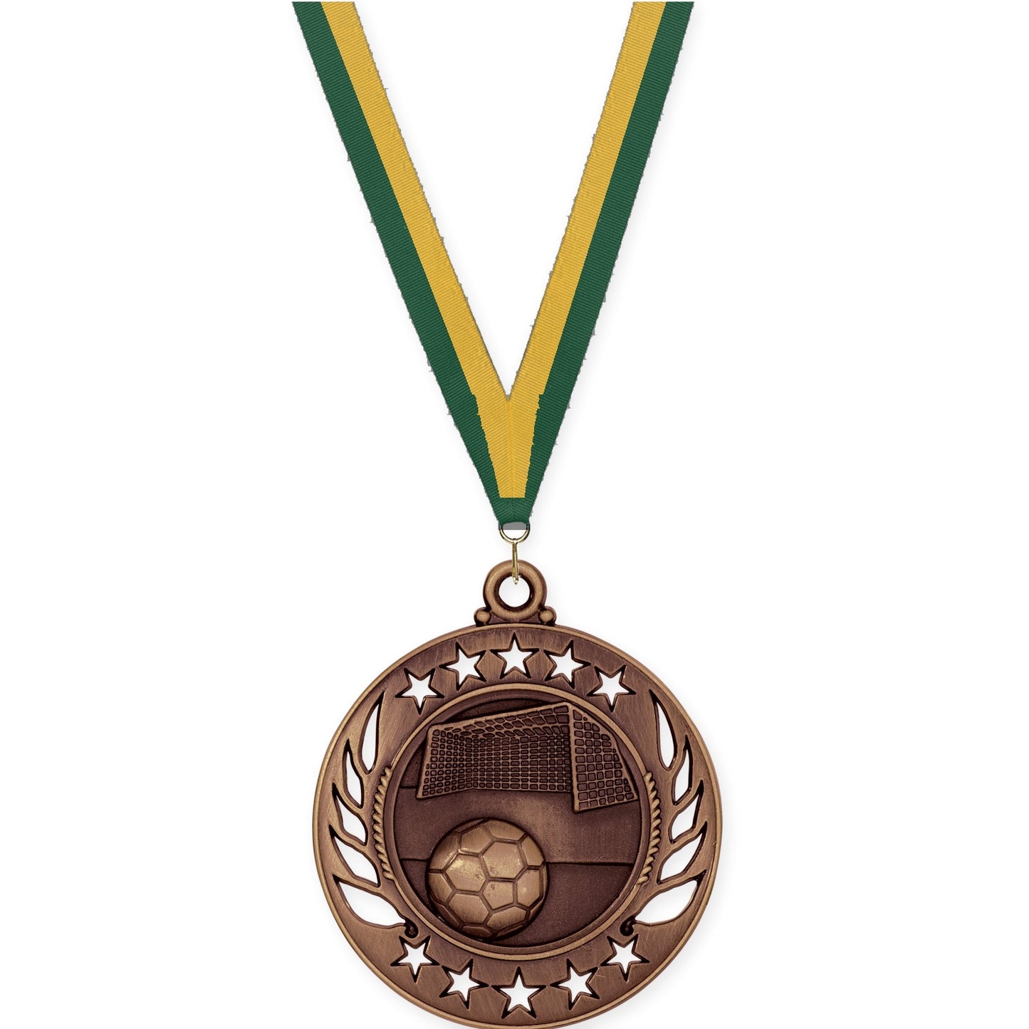 2 1/4 inch soccer Galaxy medal in antique bronze with Hunter Green Gold neck ribbon