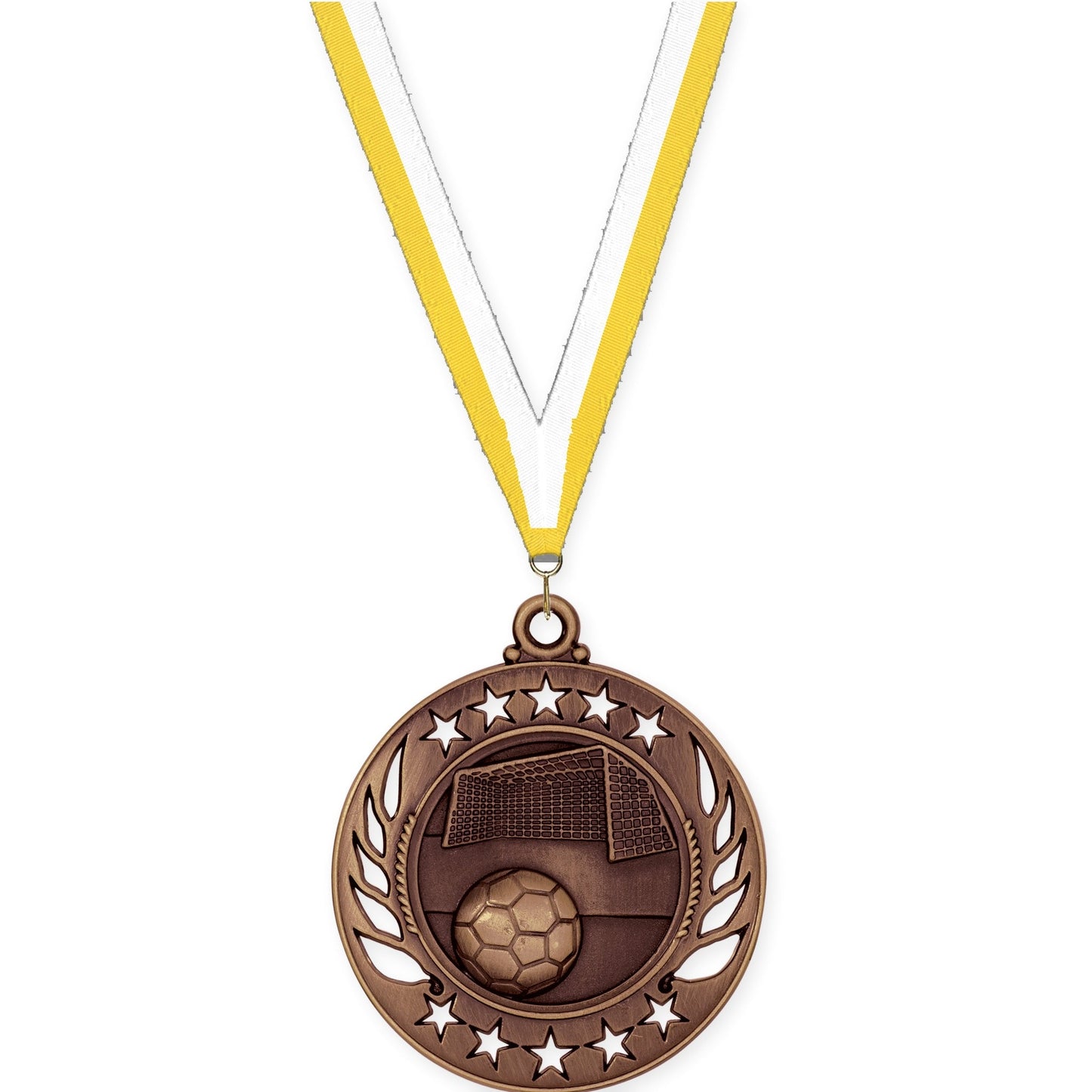 2 1/4 inch soccer Galaxy medal in antique bronze with Yellow White neck ribbon