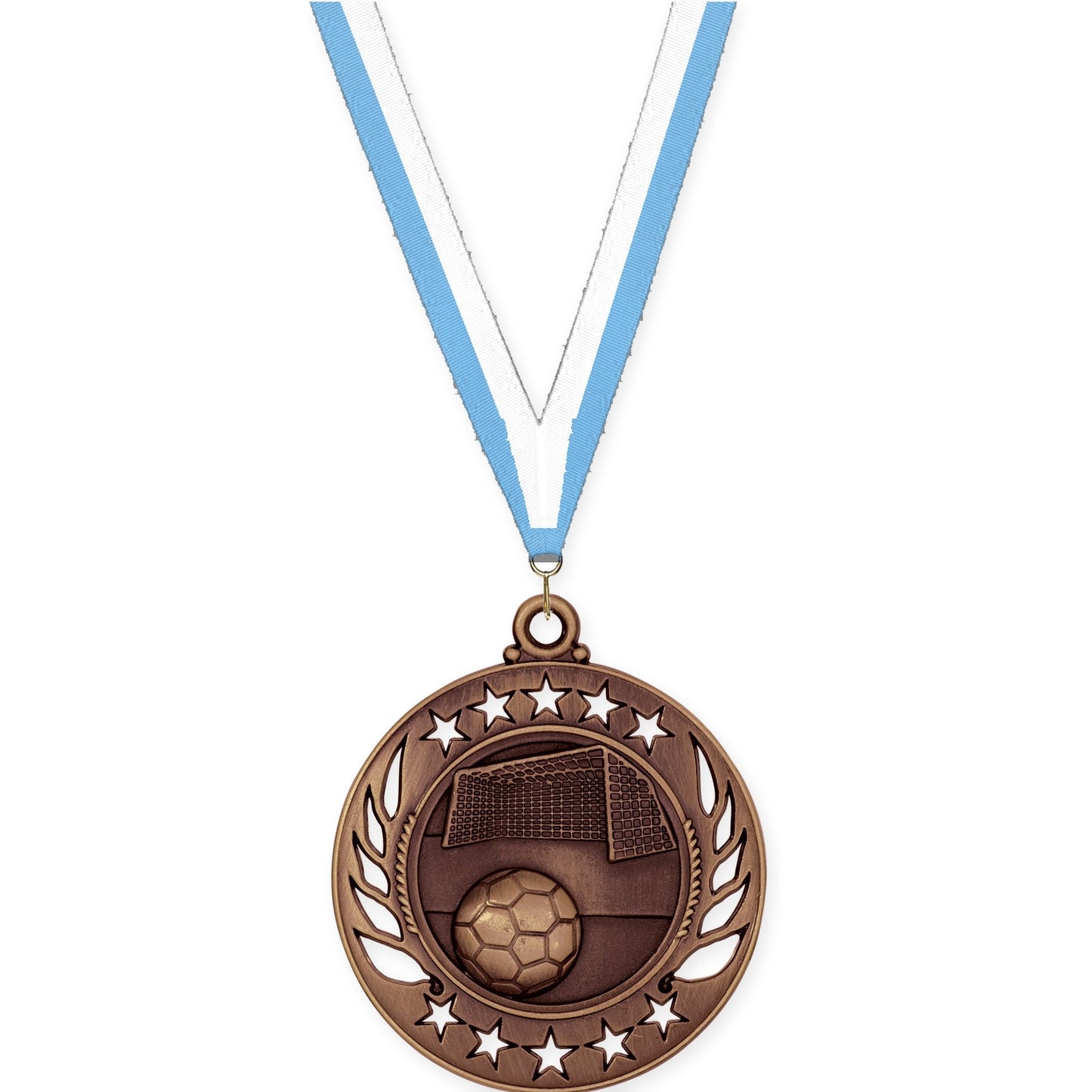 2 1/4 inch soccer Galaxy medal in antique bronze with Light Blue White neck ribbon