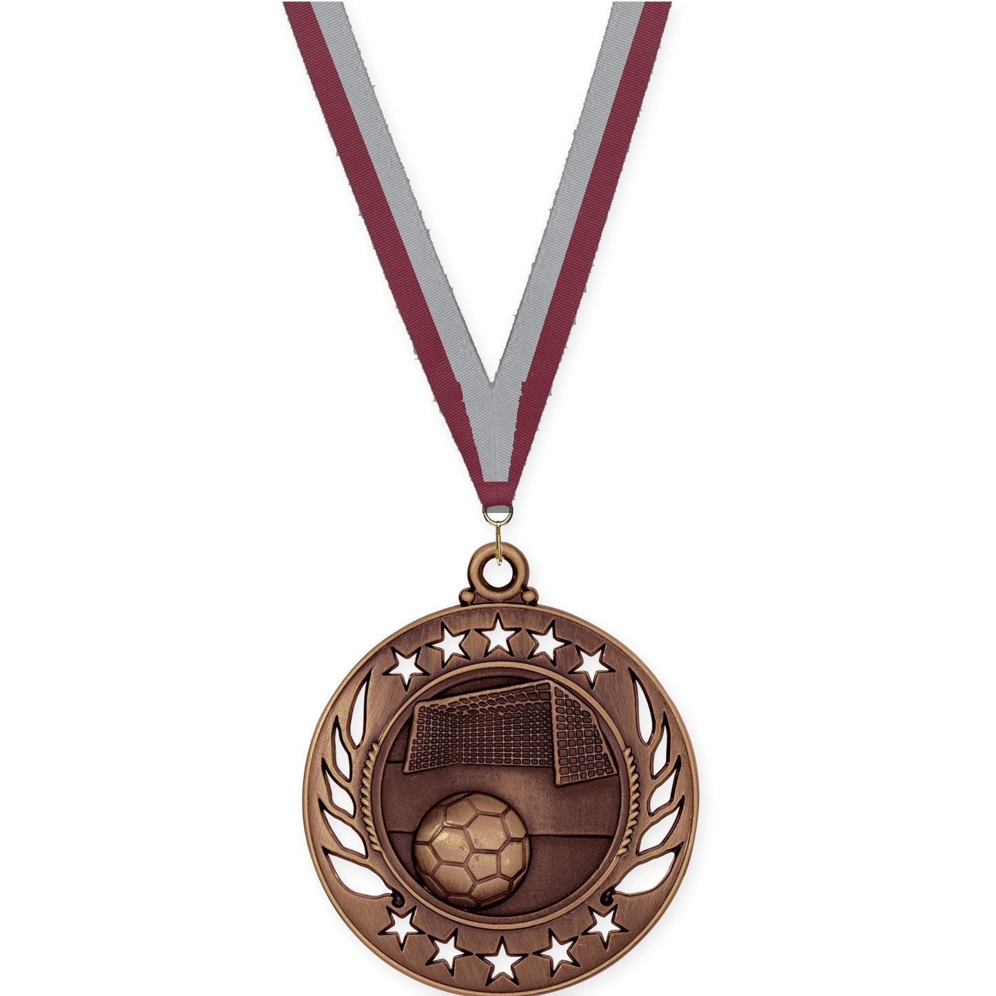2 1/4 inch soccer Galaxy medal in antique bronze with Maroon Gray neck ribbon