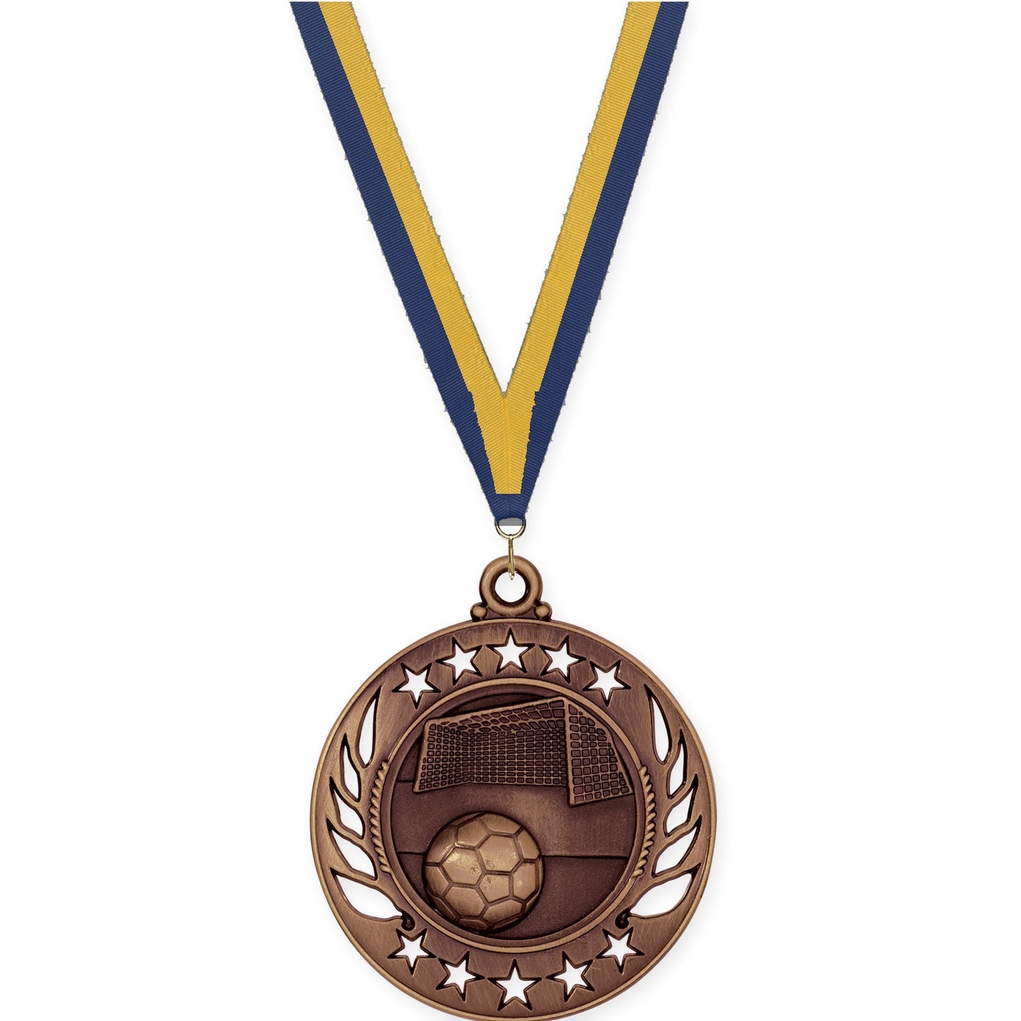 2 1/4 inch soccer Galaxy medal in antique bronze with Navy Gold neck ribbon