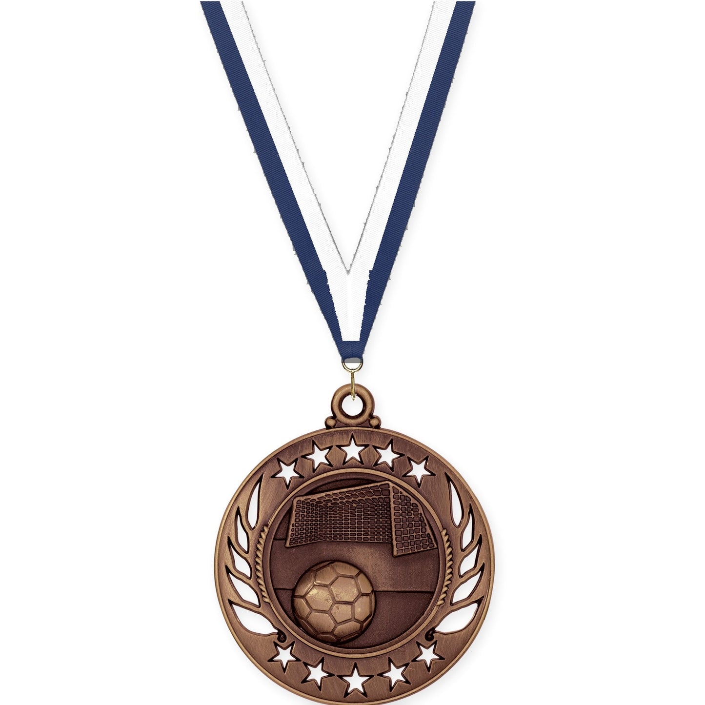 2 1/4 inch soccer Galaxy medal in antique bronze with Navy White neck ribbon
