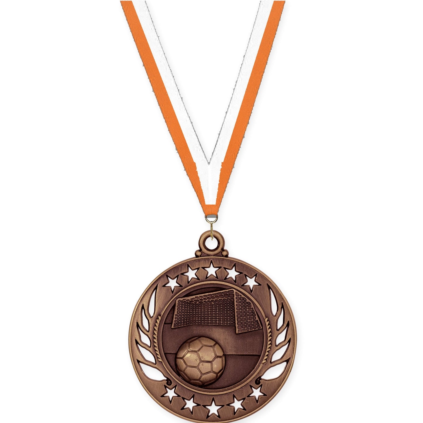 2 1/4 inch soccer Galaxy medal in antique bronze with Orange White neck ribbon