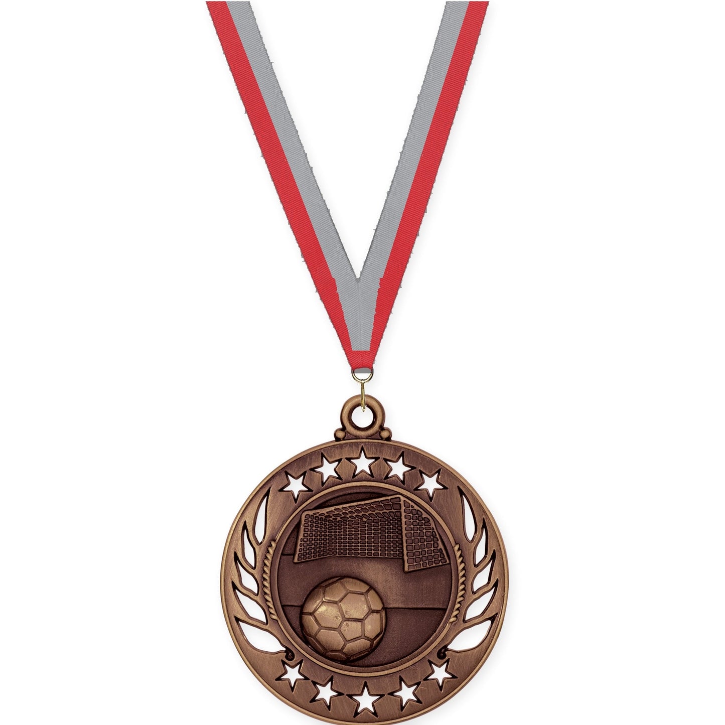 2 1/4 inch soccer Galaxy medal in antique bronze with Red Gray neck ribbon