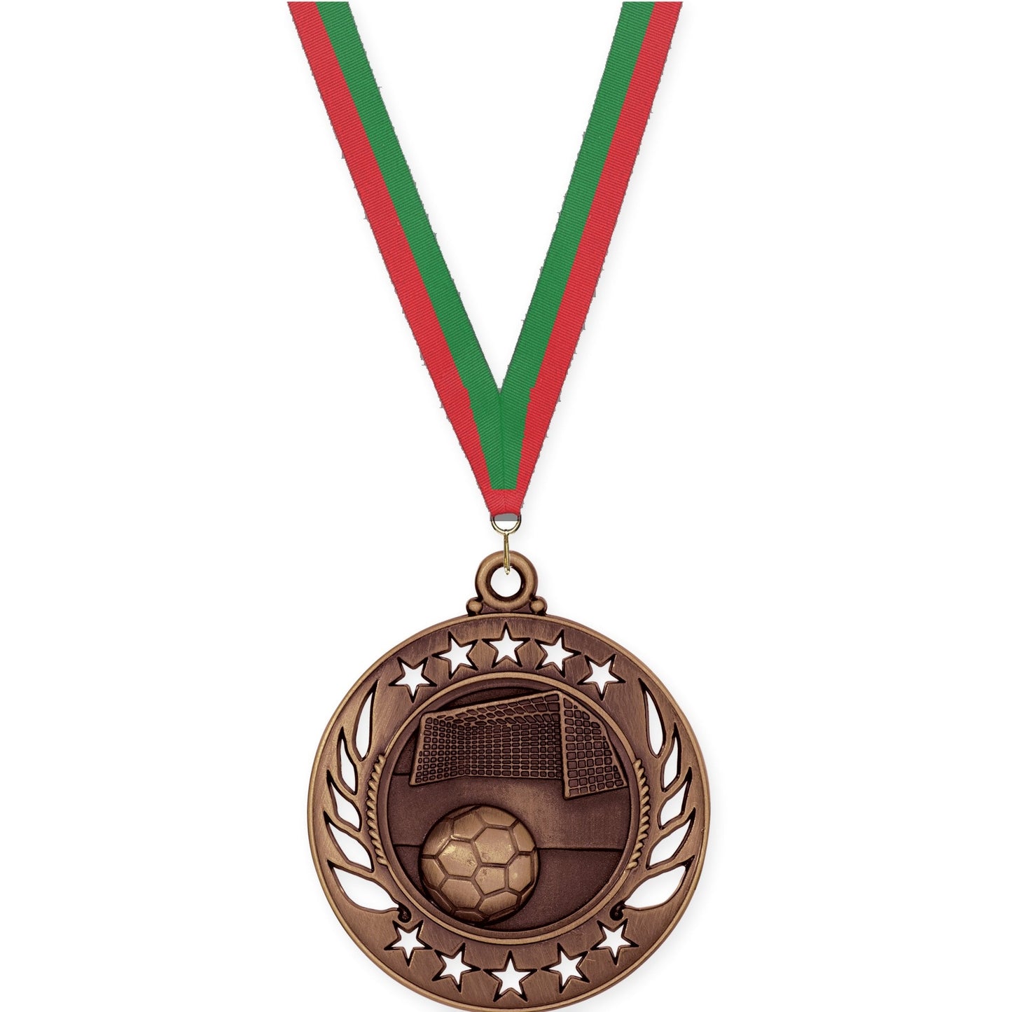 2 1/4 inch soccer Galaxy medal in antique bronze with Red Green neck ribbon
