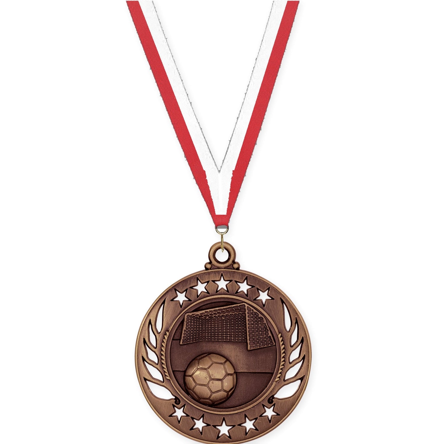 2 1/4 inch soccer Galaxy medal in antique bronze with Red White neck ribbon