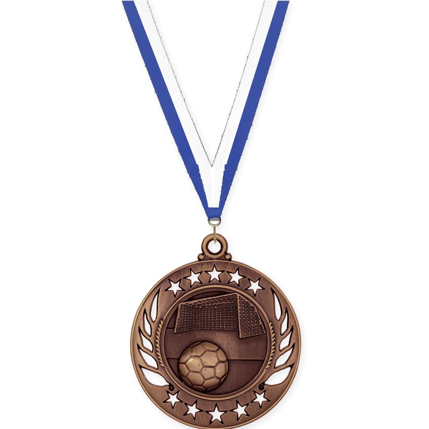 2 1/4 inch soccer Galaxy medal in antique bronze with Blue White neck ribbon
