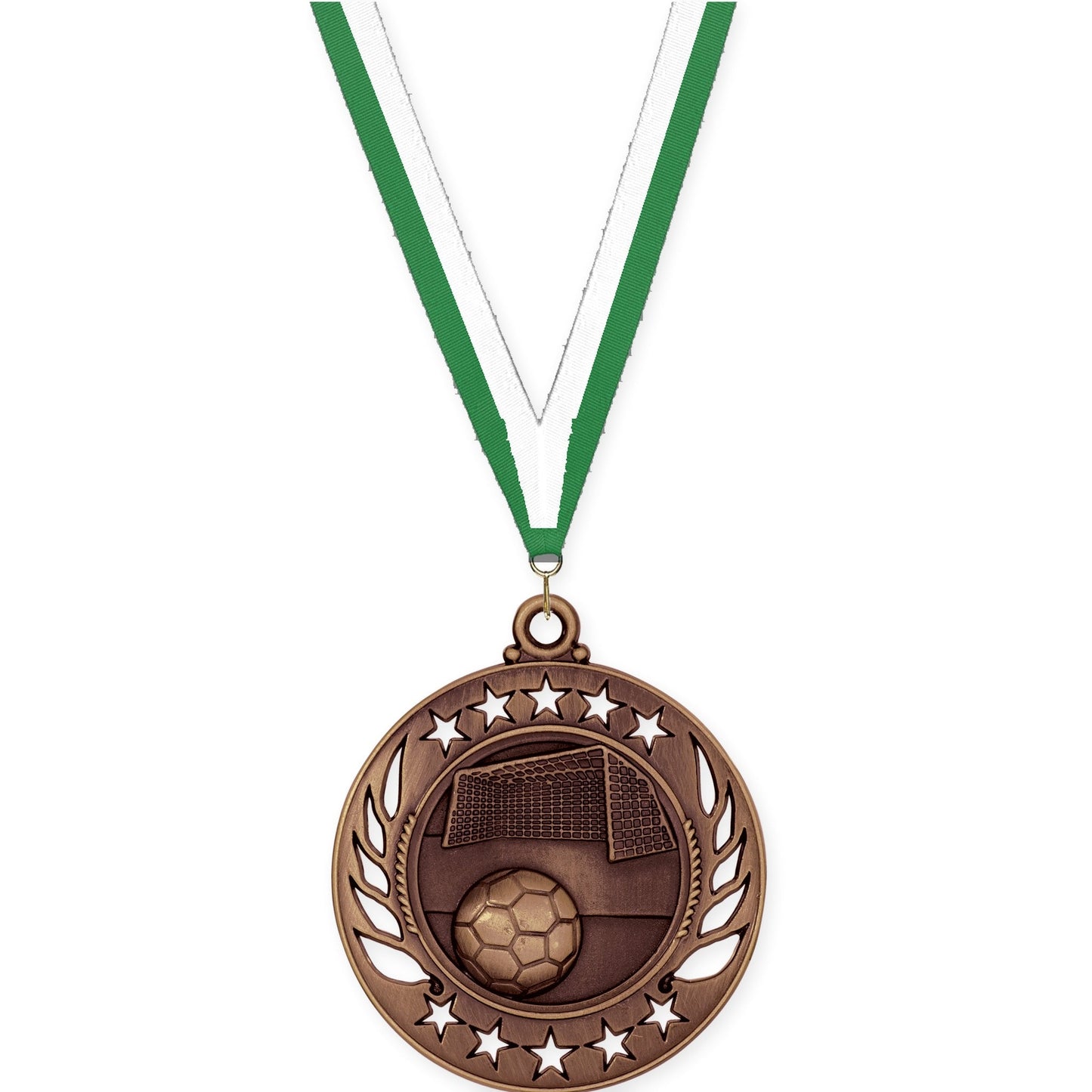 2 1/4 inch soccer Galaxy medal in antique bronze with Green White neck ribbon