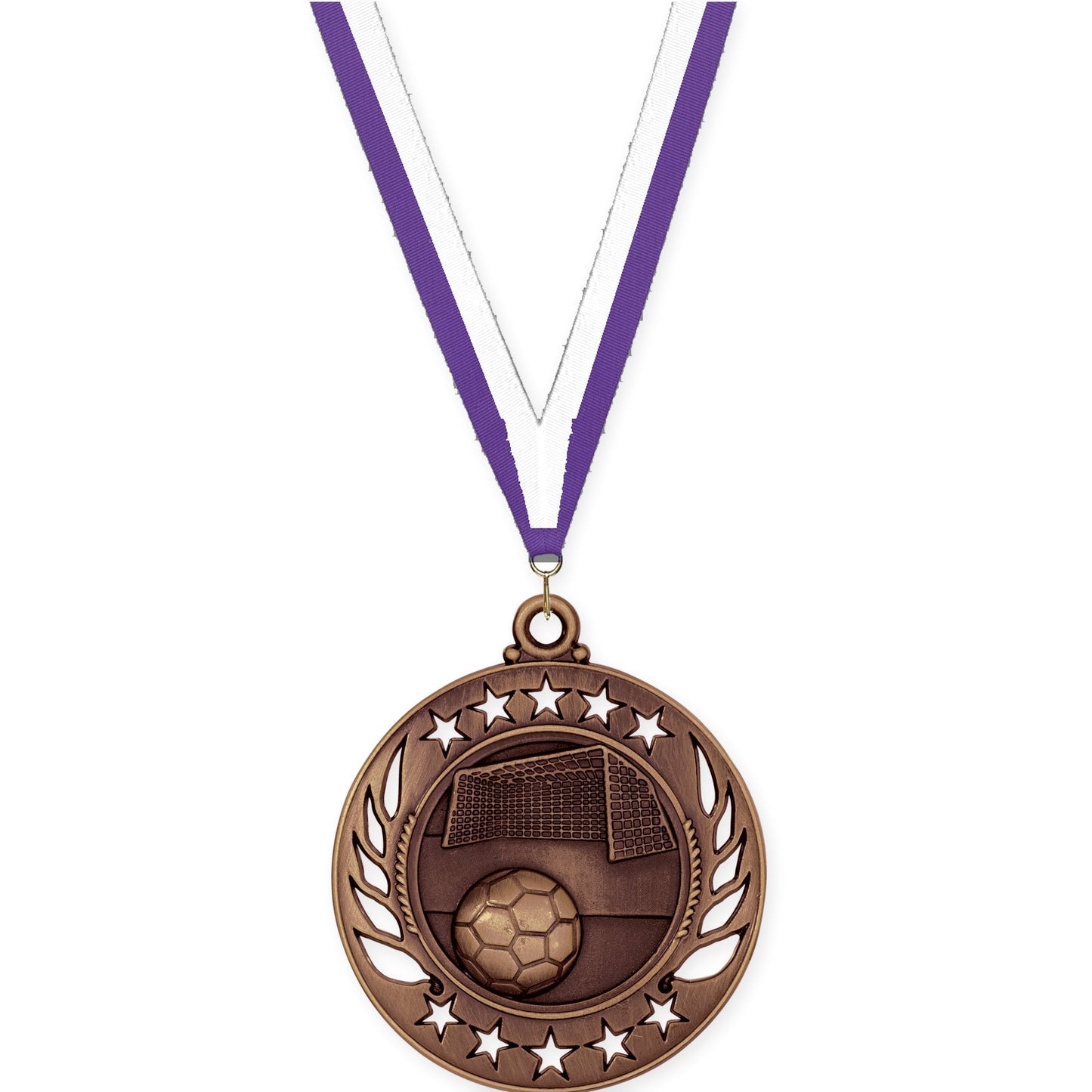 2 1/4 inch soccer Galaxy medal in antique bronze with Purple White neck ribbon