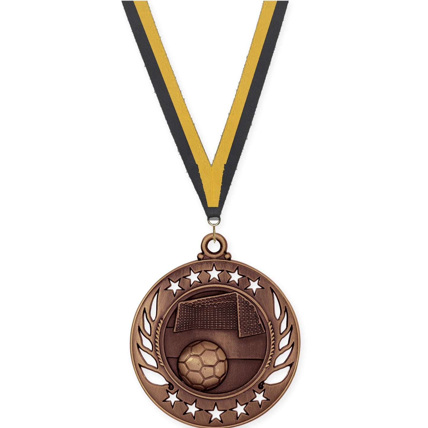 2 1/4 inch soccer Galaxy medal in antique bronze with Black Gold neck ribbon