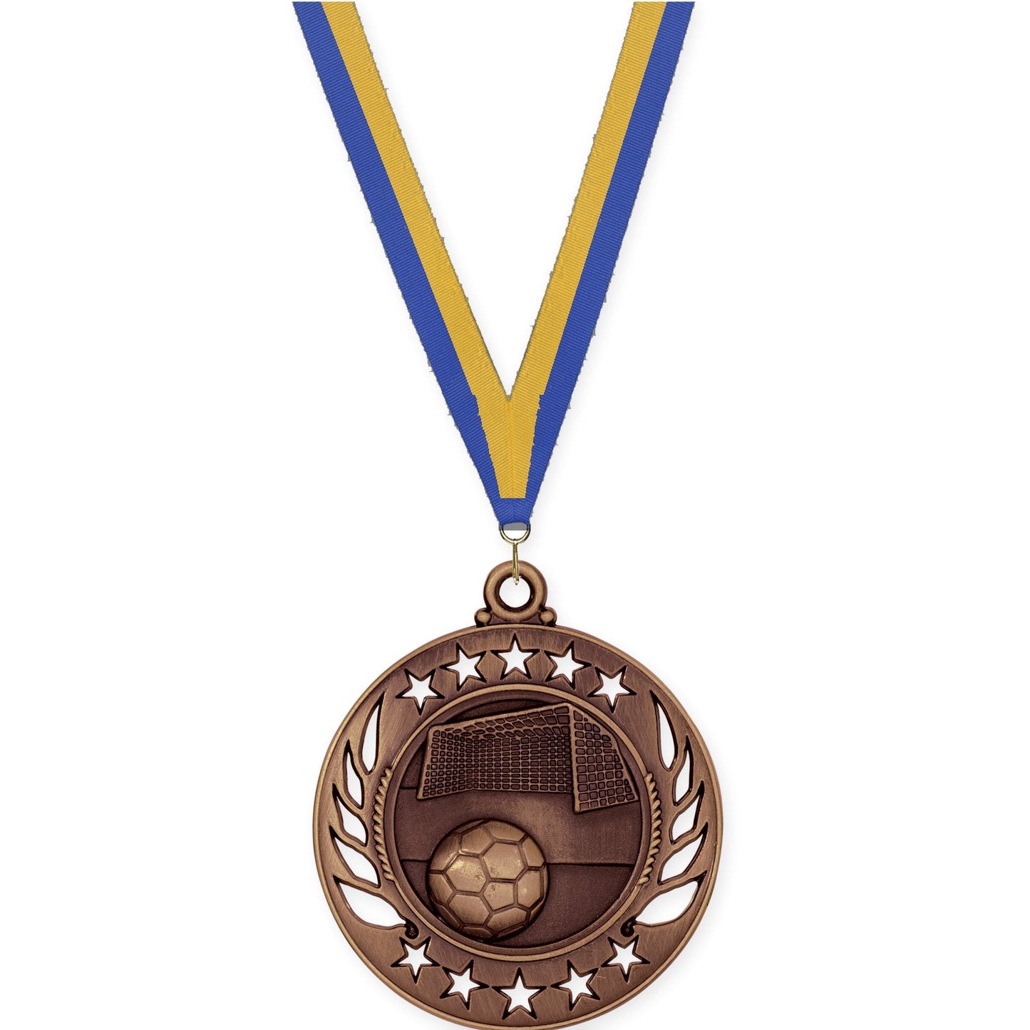 2 1/4 inch soccer Galaxy medal in antique bronze with Blue Gold neck ribbon