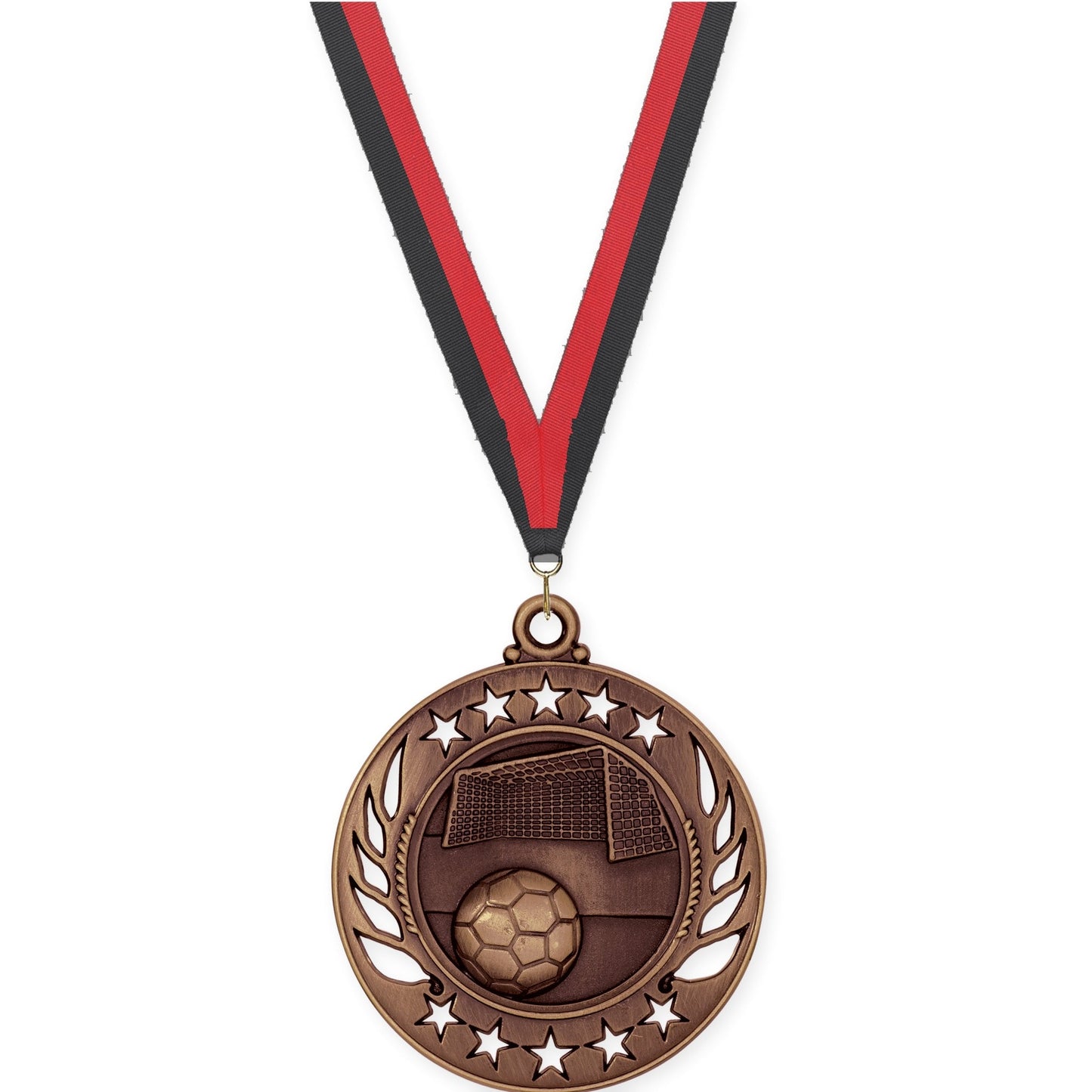 2 1/4 inch soccer Galaxy medal in antique bronze with Black Red neck ribbon