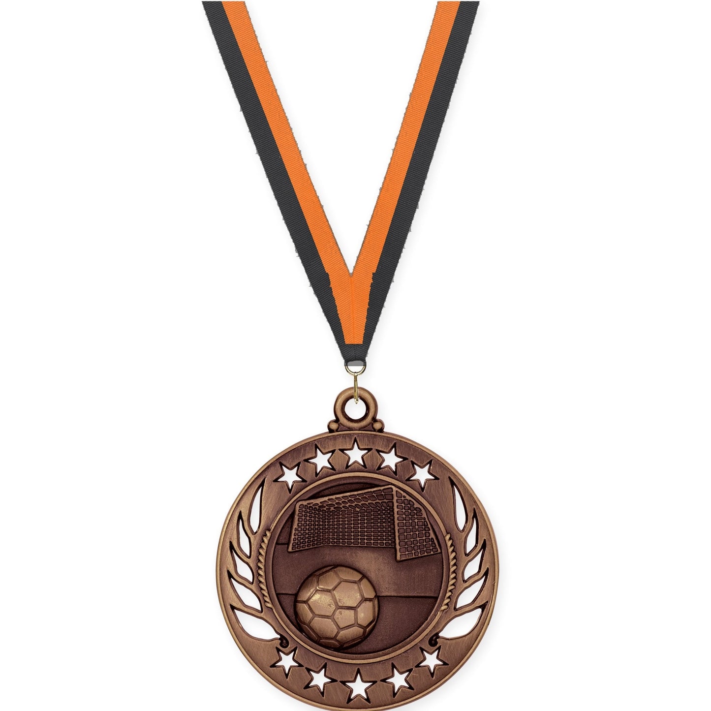 2 1/4 inch soccer Galaxy medal in antique bronze with Black Orange neck ribbon