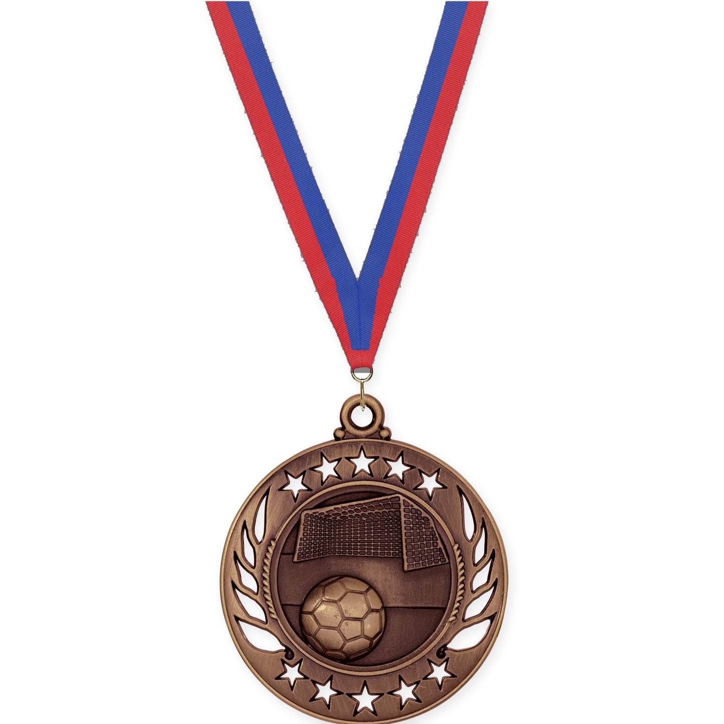2 1/4 inch soccer Galaxy medal in antique bronze with Blue Red neck ribbon