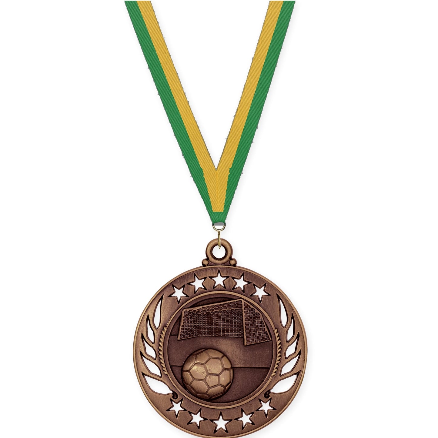 2 1/4 inch soccer Galaxy medal in antique bronze with Green Gold neck ribbon