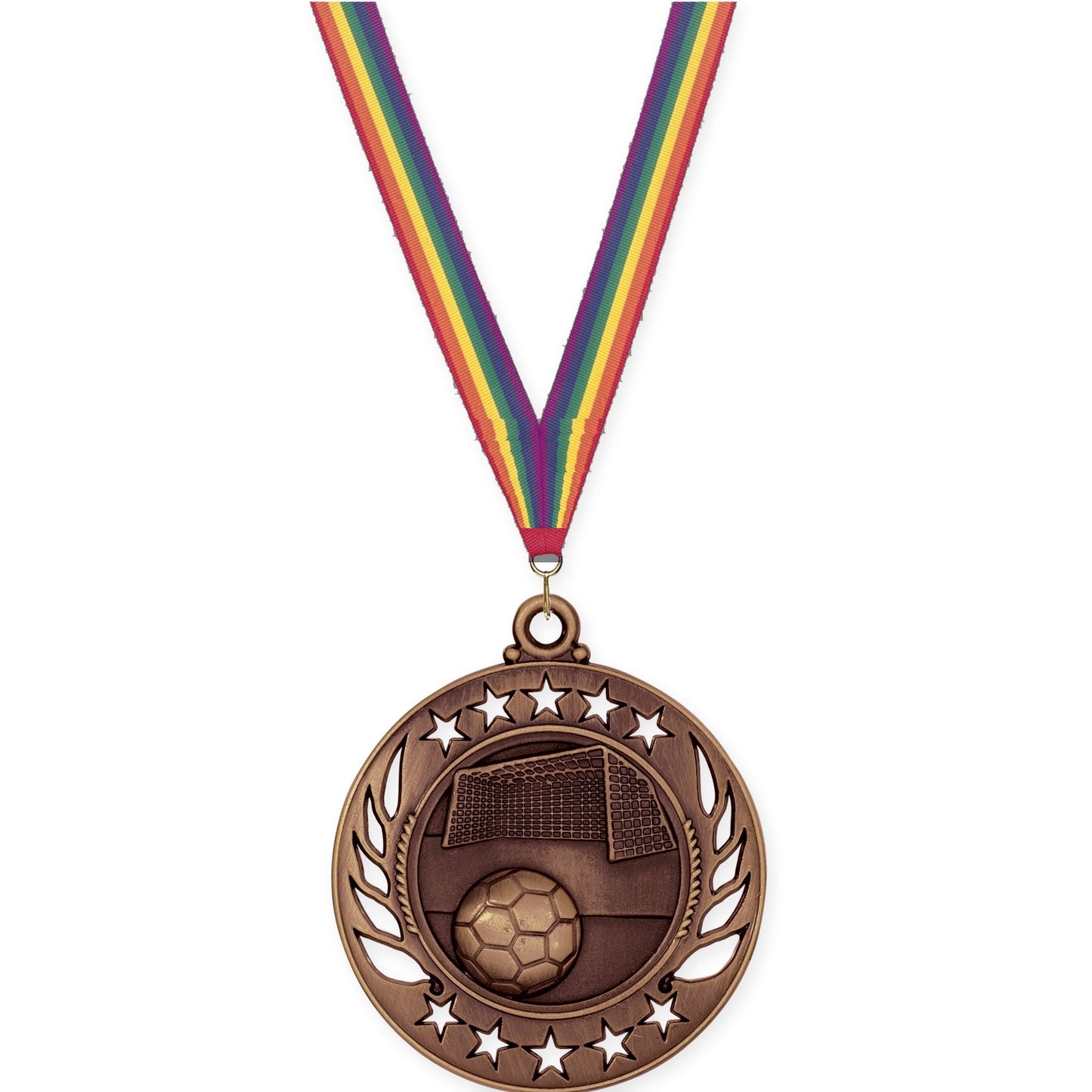 2 1/4 inch soccer Galaxy medal in antique bronze with Rainbow neck ribbon