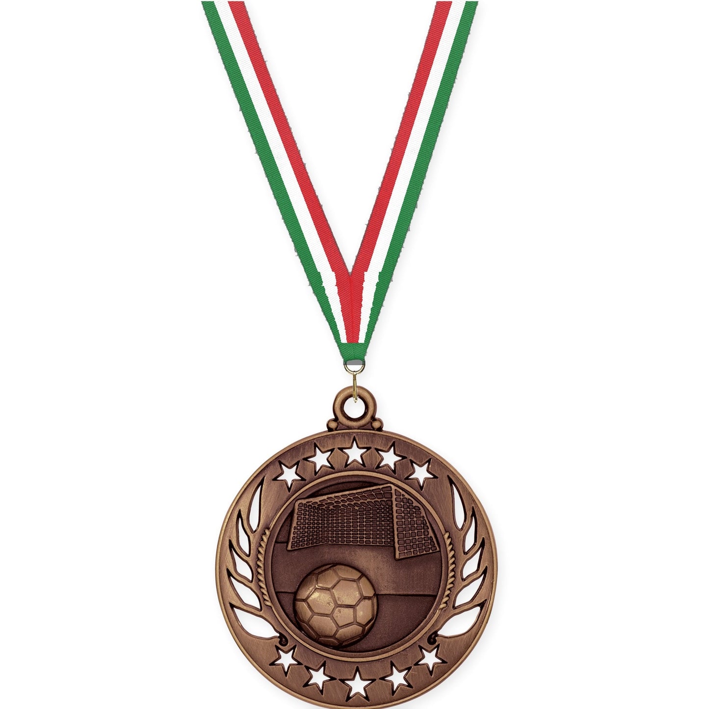 2 1/4 inch soccer Galaxy medal in antique bronze with Green White Red neck ribbon