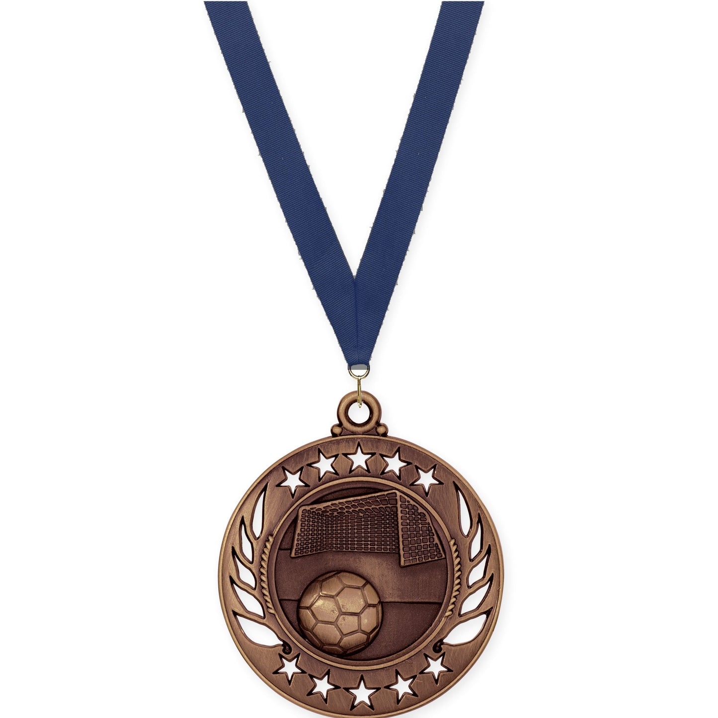 2 1/4 inch soccer Galaxy medal in antique bronze with Navy neck ribbon