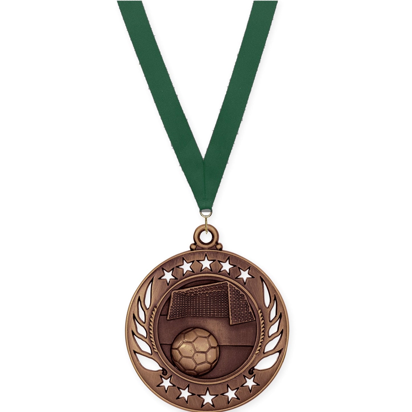2 1/4 inch soccer Galaxy medal in antique bronze with Hunter Green neck ribbon