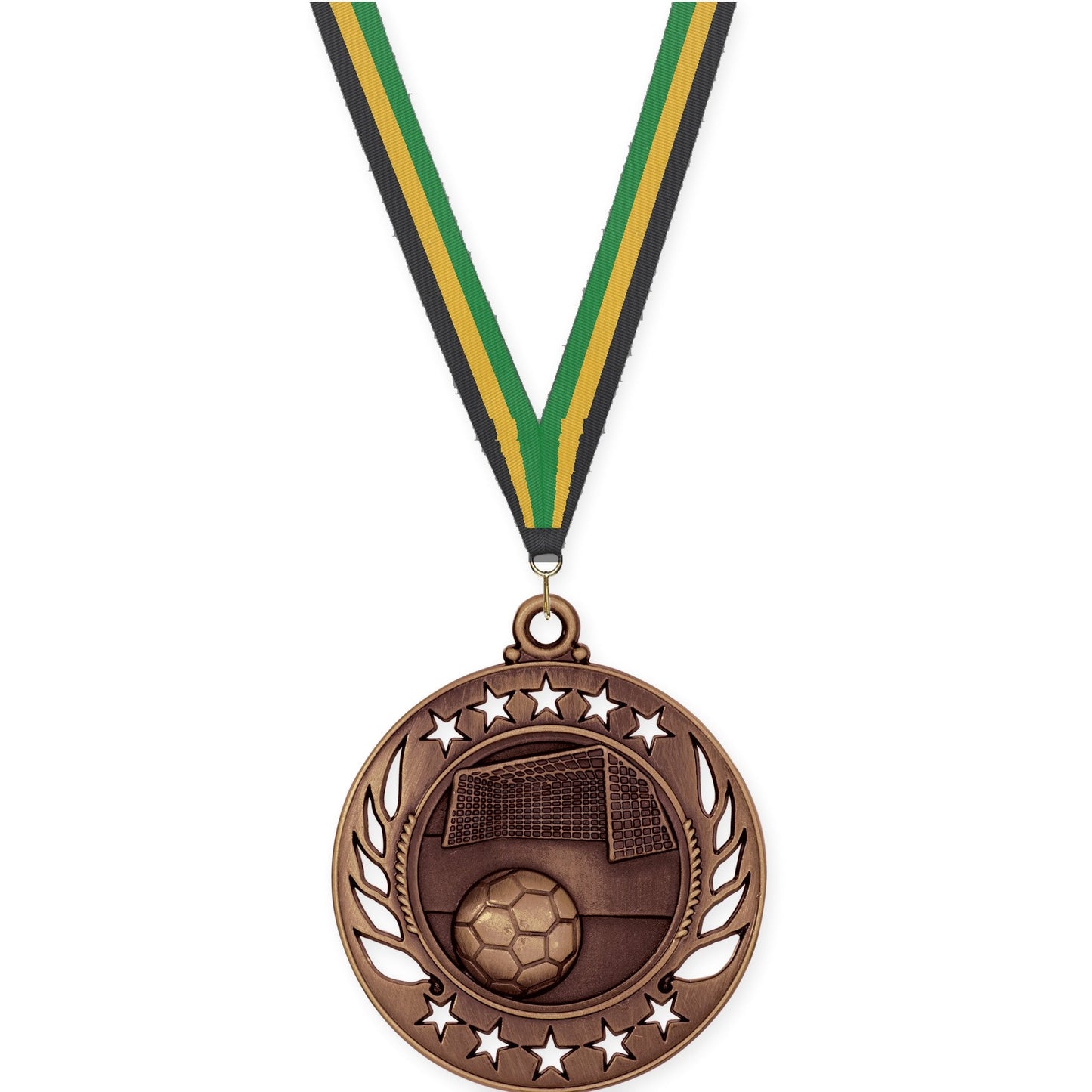 2 1/4 inch soccer Galaxy medal in antique bronze with Black Gold Green neck ribbon