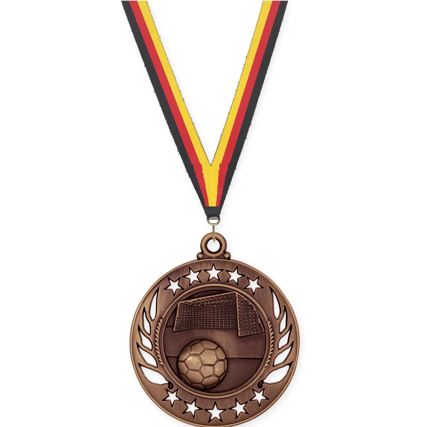 2 1/4 inch soccer Galaxy medal in antique bronze with Black Red Yellow neck ribbon