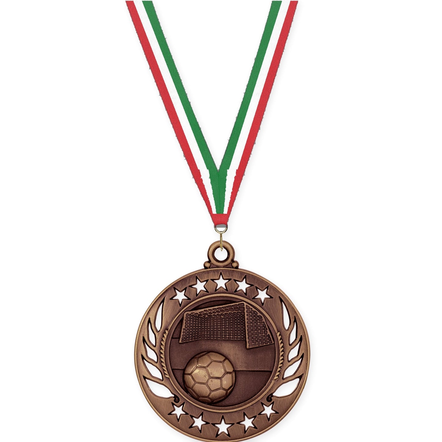 2 1/4 inch soccer Galaxy medal in antique bronze with Red White Green neck ribbon