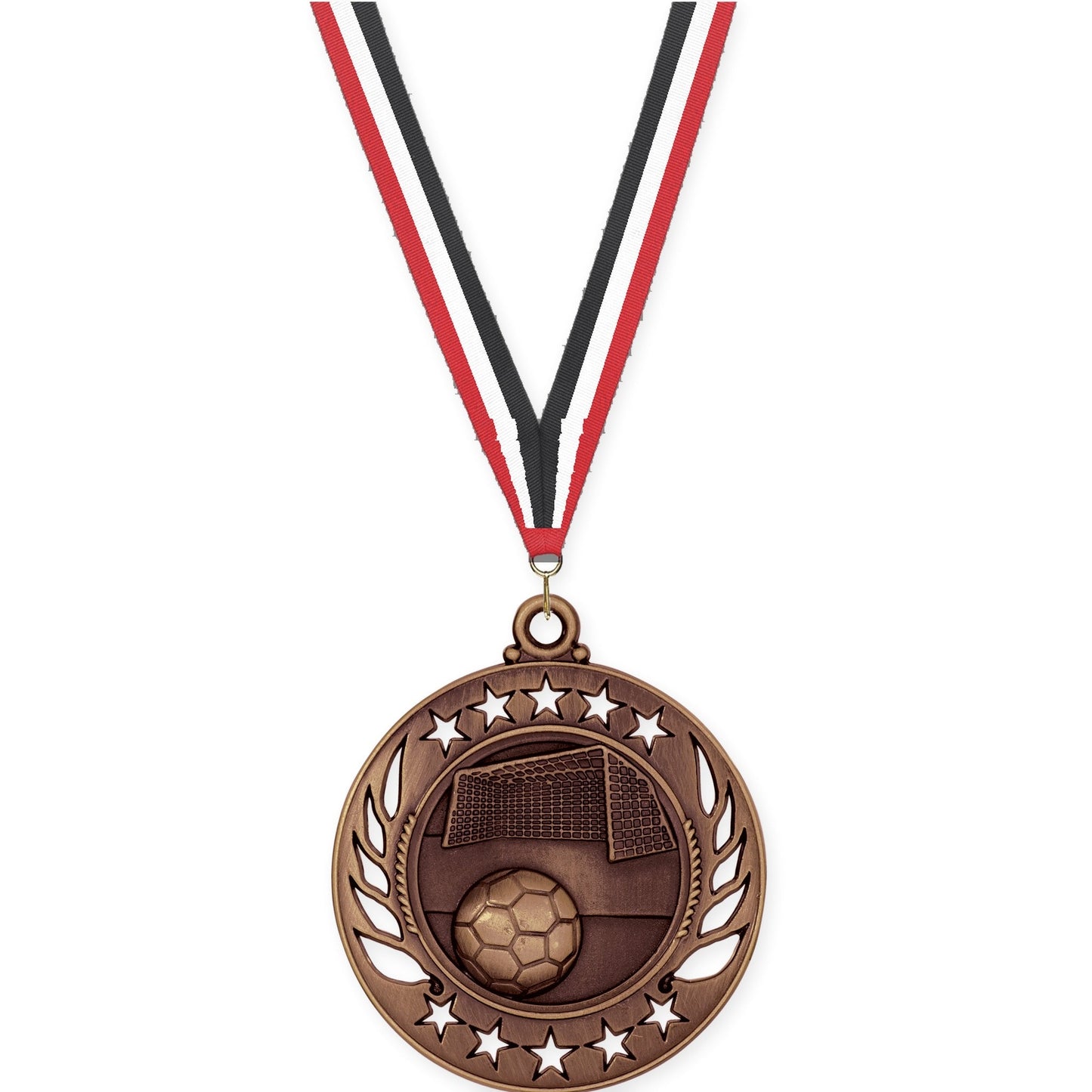 2 1/4 inch soccer Galaxy medal in antique bronze with Red White Black neck ribbon