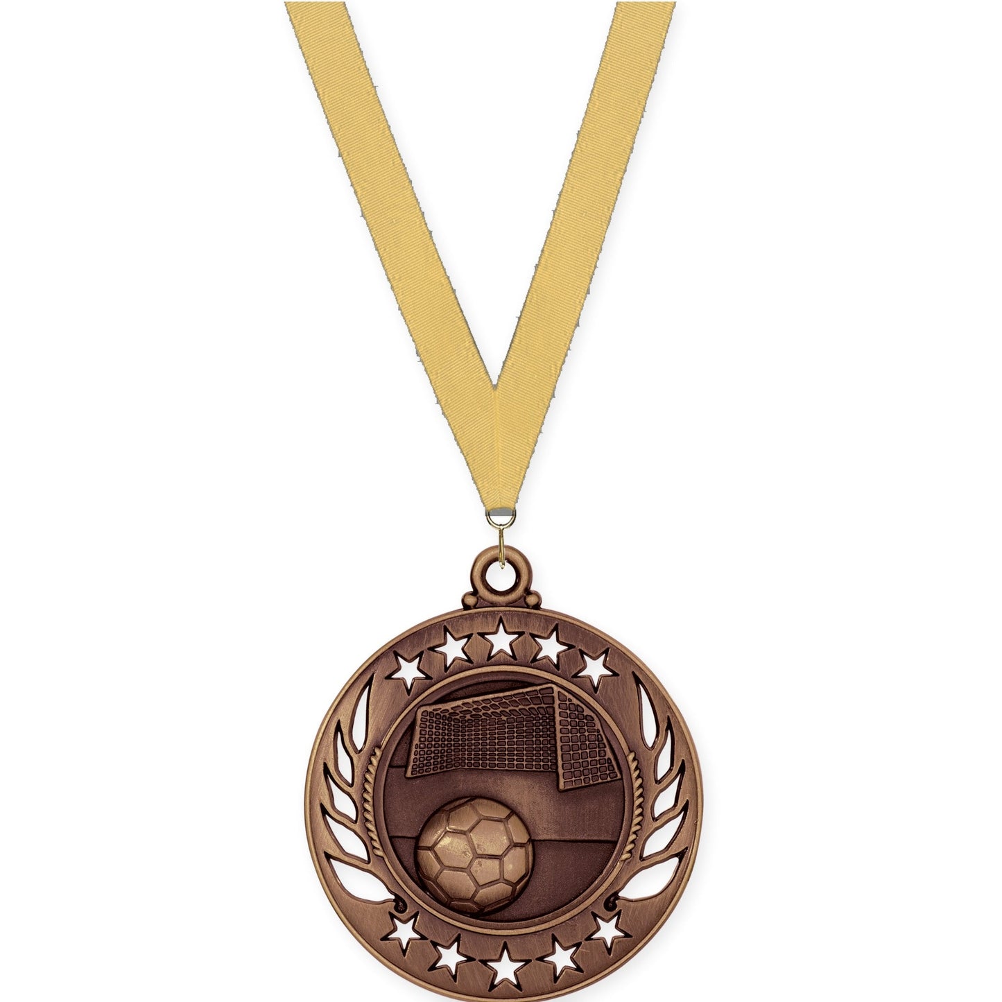 2 1/4 inch soccer Galaxy medal in antique bronze with Gold Metallic neck ribbon