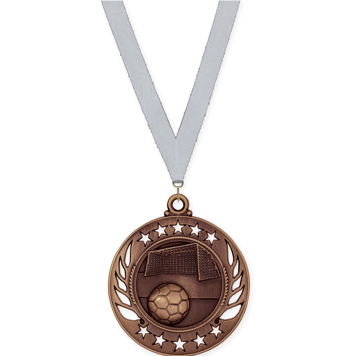2 1/4 inch soccer Galaxy medal in antique bronze with Silver Metallic neck ribbon