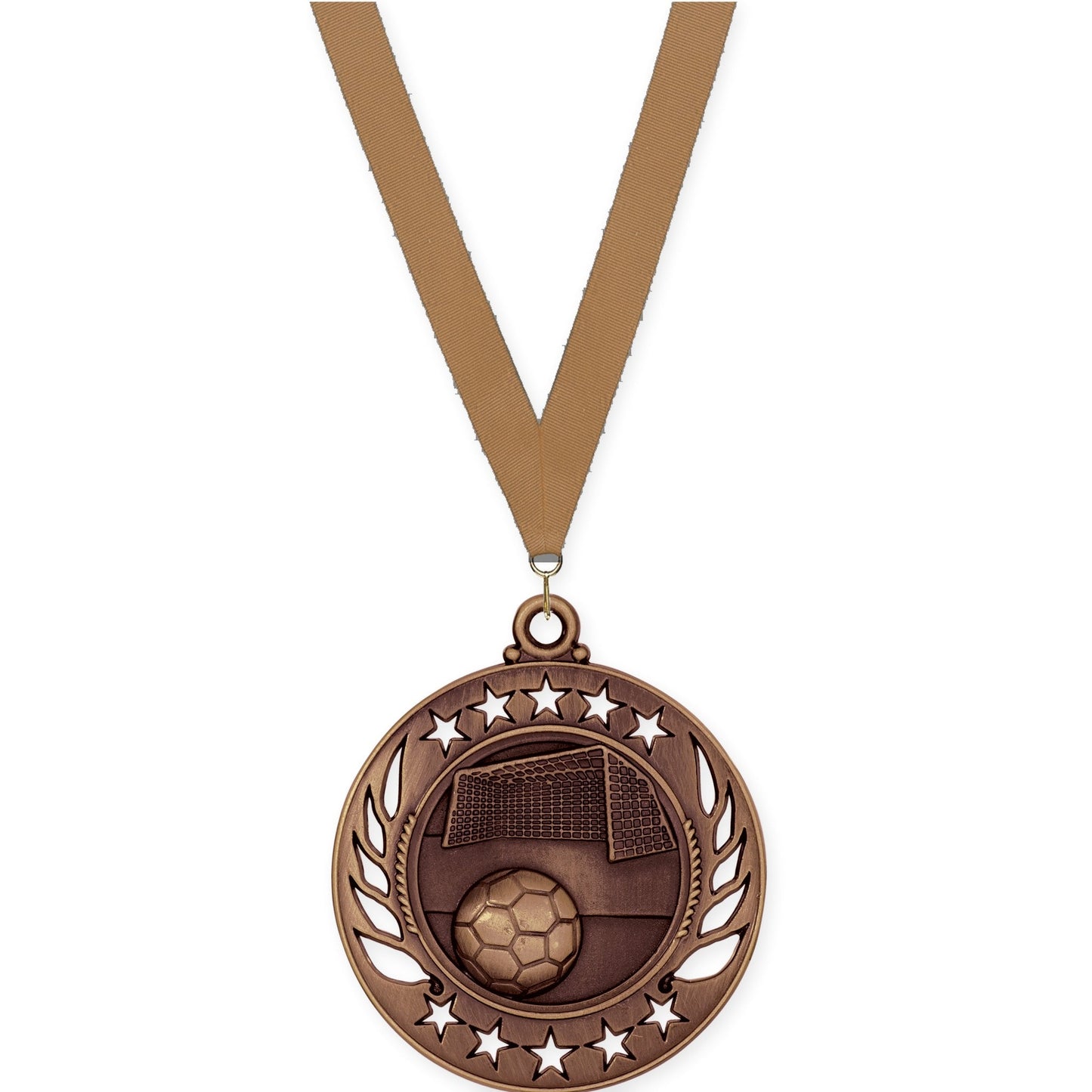 2 1/4 inch soccer Galaxy medal in antique bronze with Bronze Metallic neck ribbon