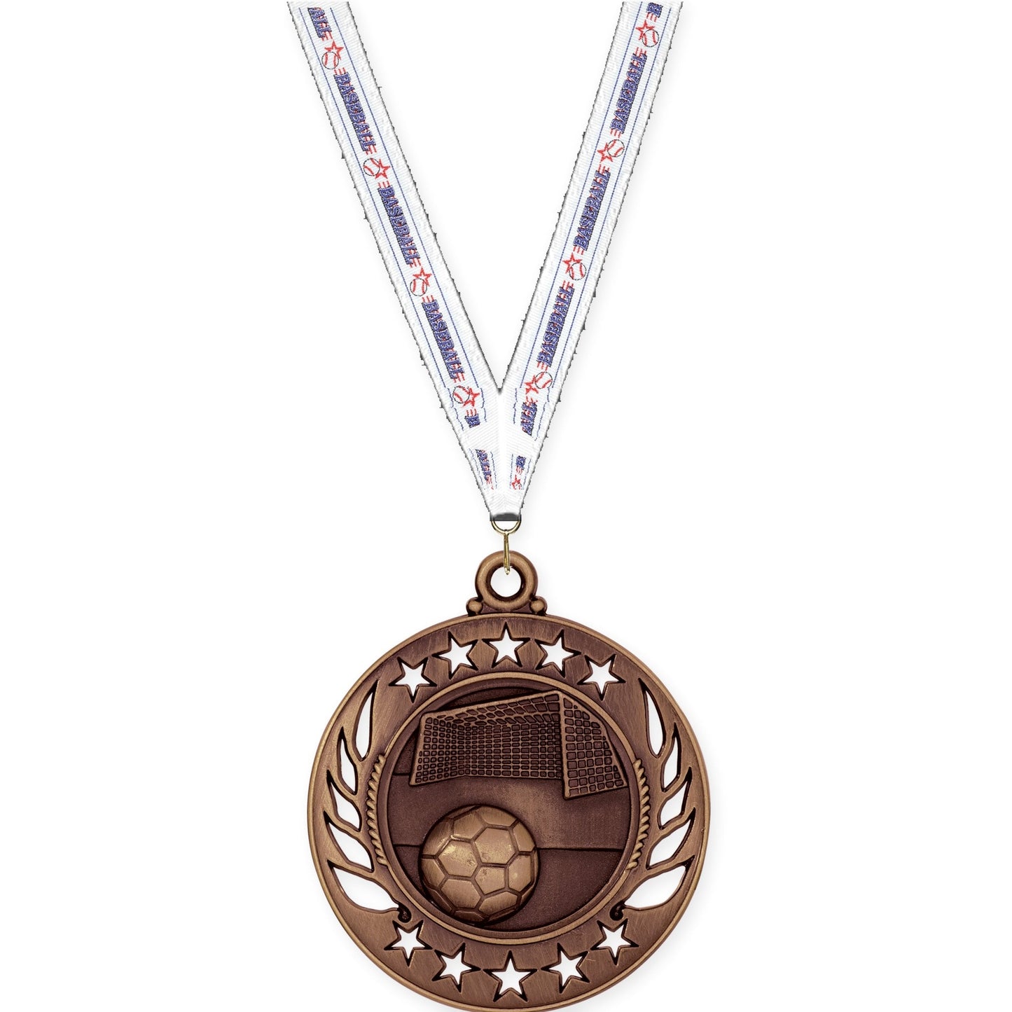 2 1/4 inch soccer Galaxy medal in antique bronze with Baseball neck ribbon