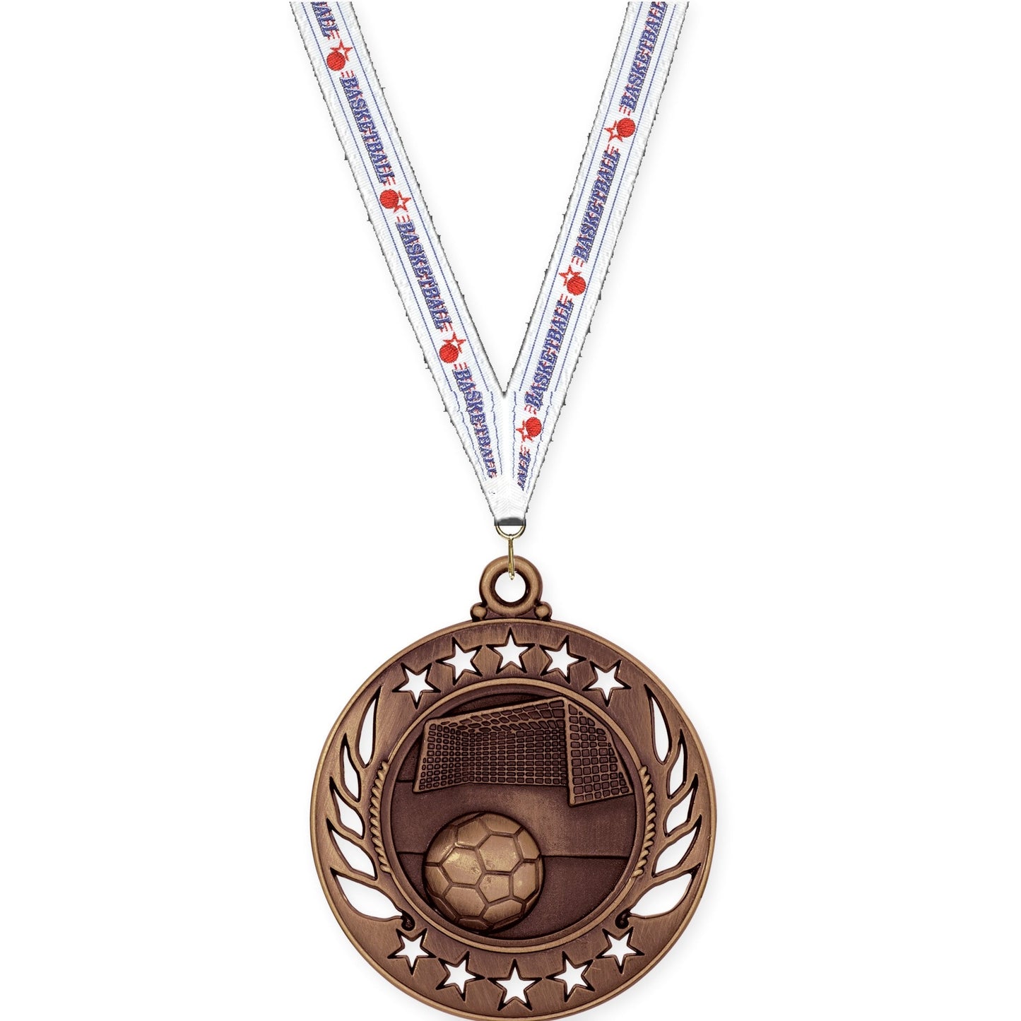 2 1/4 inch soccer Galaxy medal in antique bronze with Basketball neck ribbon