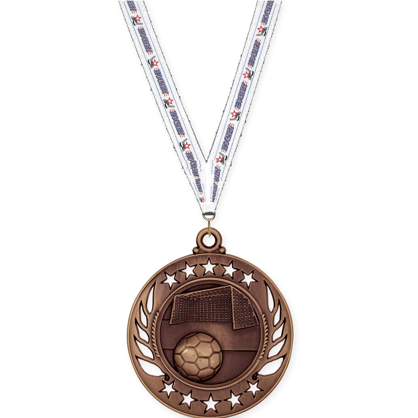 2 1/4 inch soccer Galaxy medal in antique bronze with Hockey neck ribbon