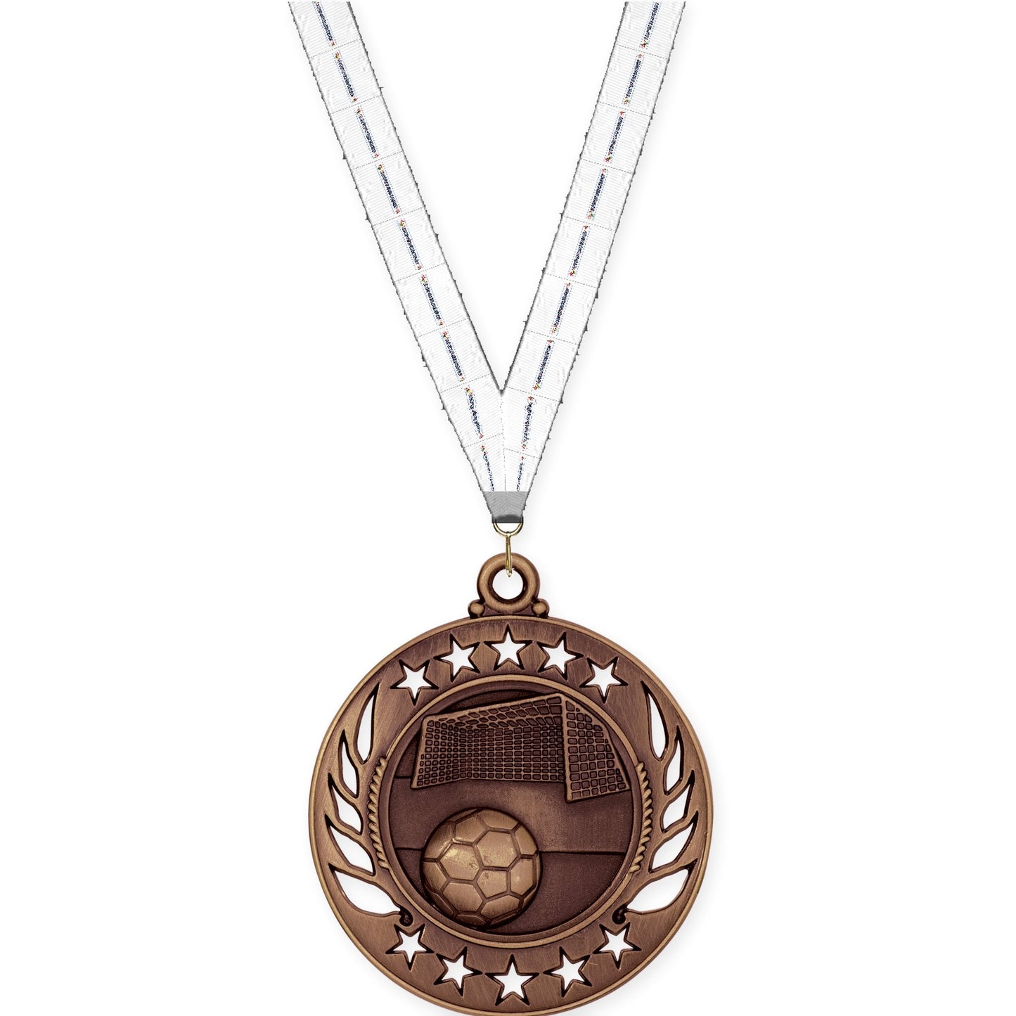 2 1/4 inch soccer Galaxy medal in antique bronze with Lamp Of Knowledge neck ribbon