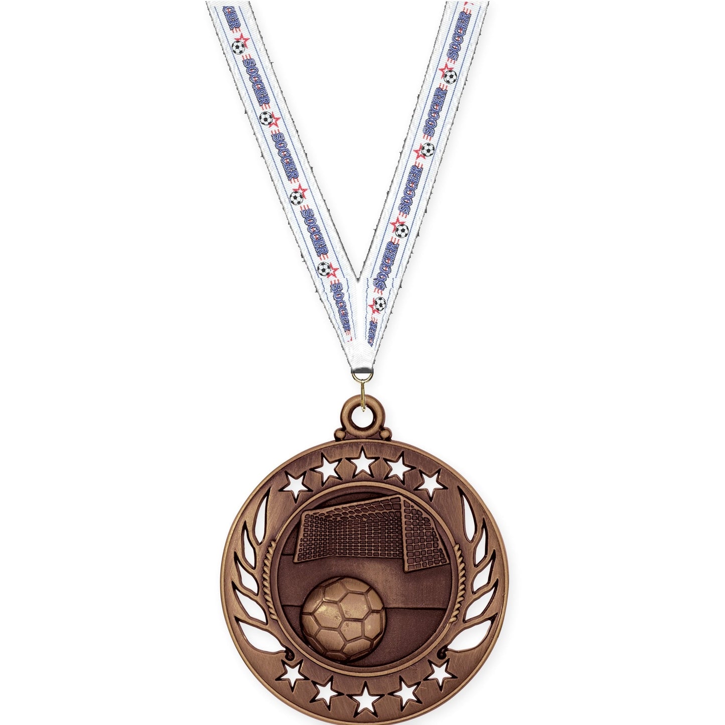 2 1/4 inch soccer Galaxy medal in antique bronze with Soccer neck ribbon