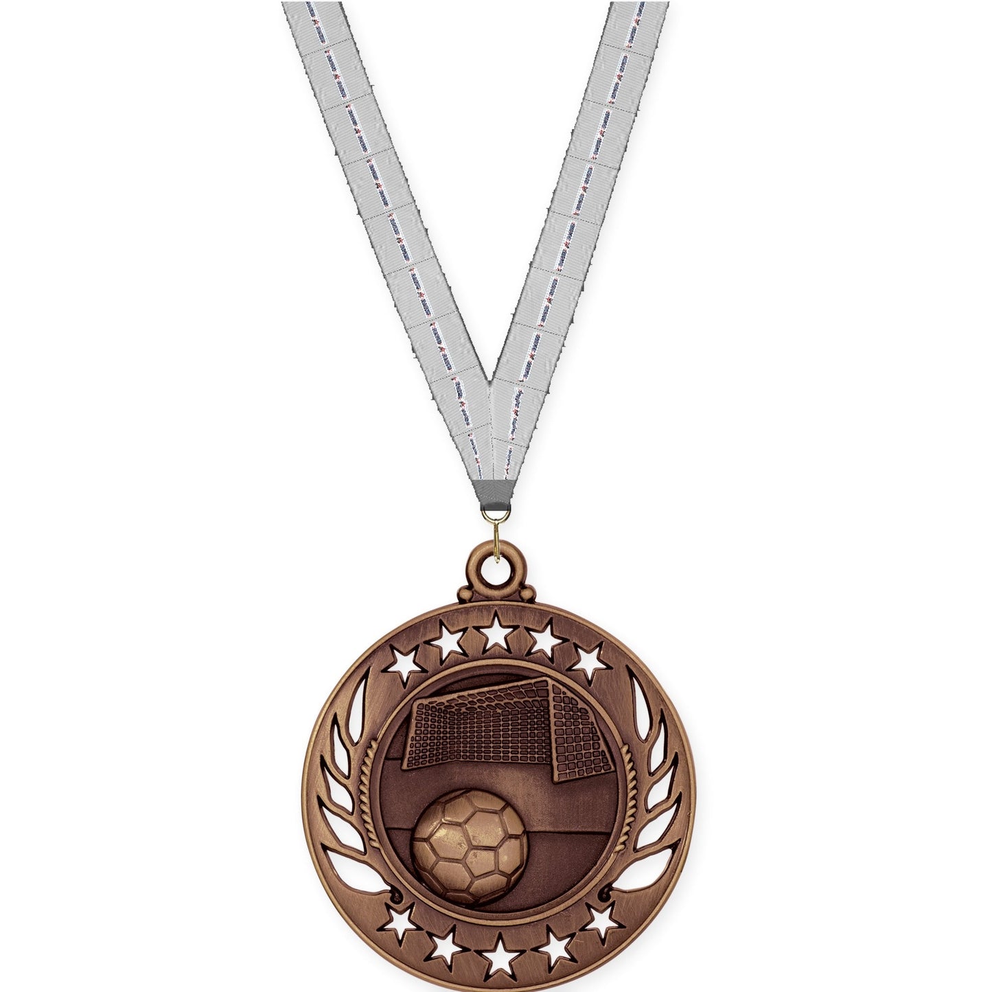 2 1/4 inch soccer Galaxy medal in antique bronze with Auto Racing neck ribbon