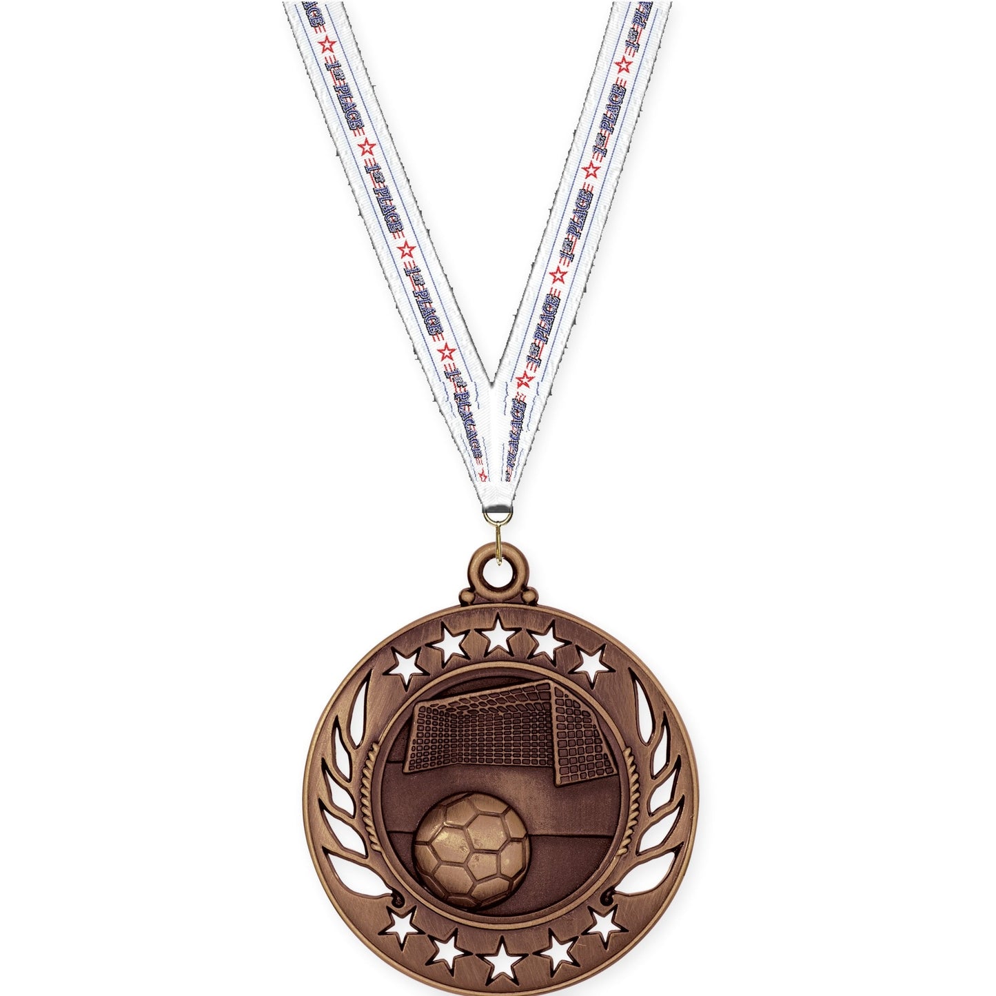 2 1/4 inch soccer Galaxy medal in antique bronze with 1st Place neck ribbon