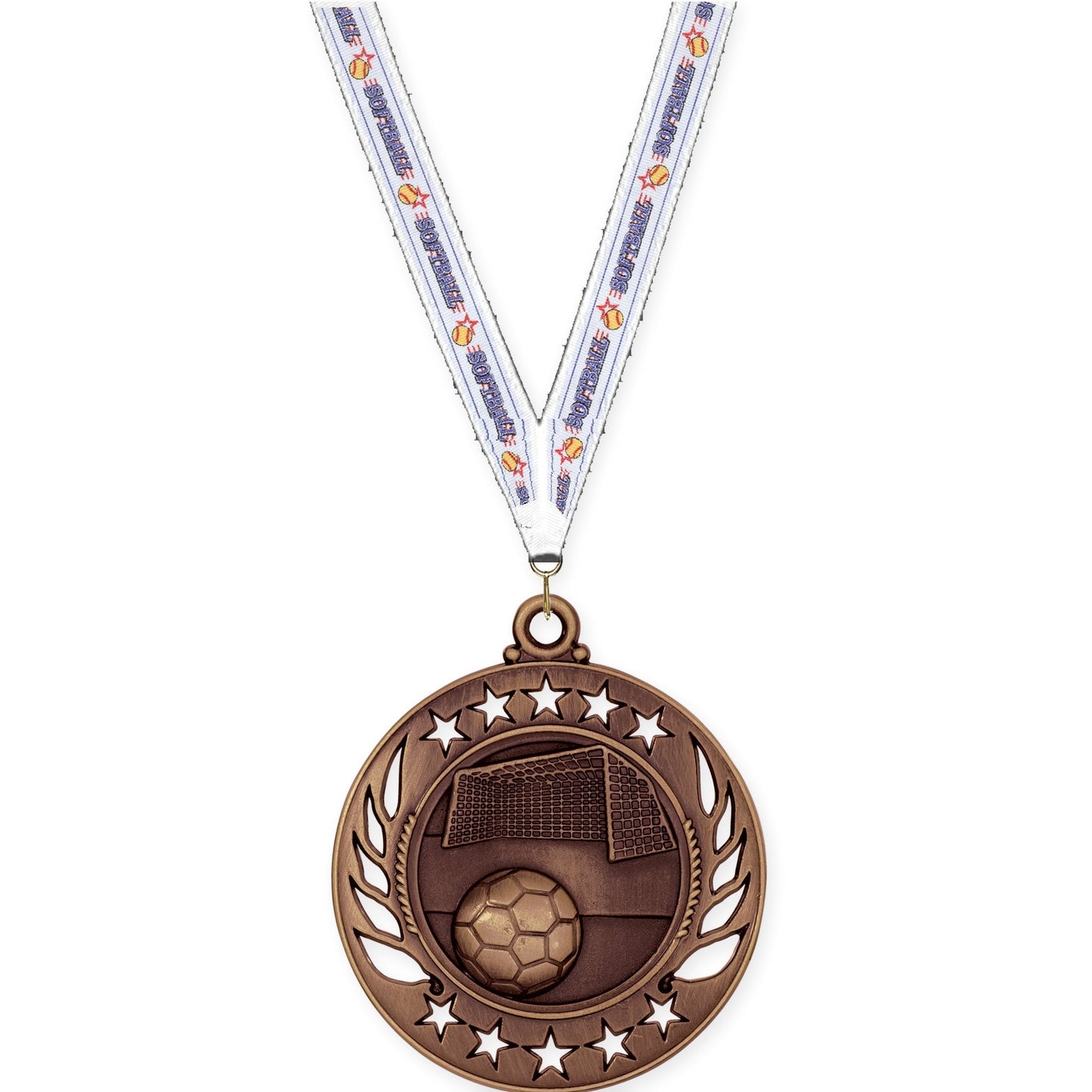 2 1/4 inch soccer Galaxy medal in antique bronze with Softball neck ribbon