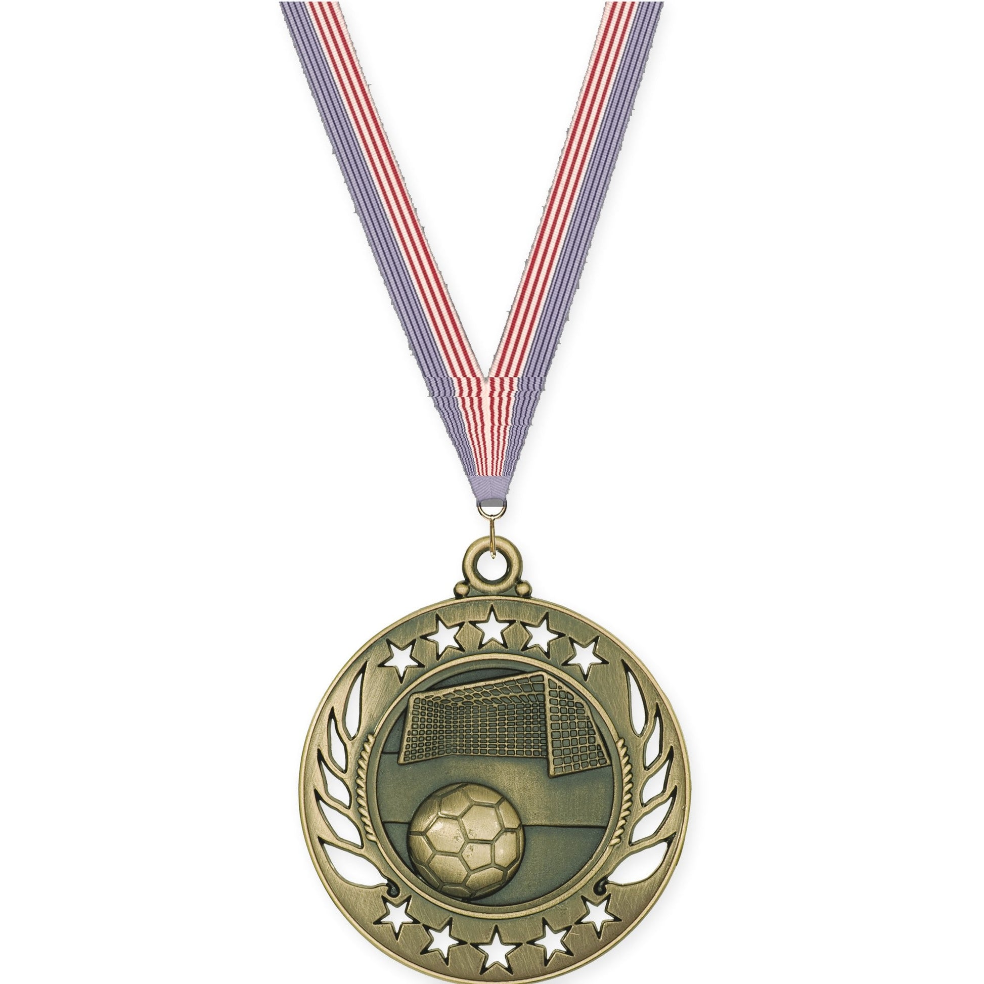 2 1/4 inch soccer Galaxy medal in antique gold with USA Flag neck ribbon