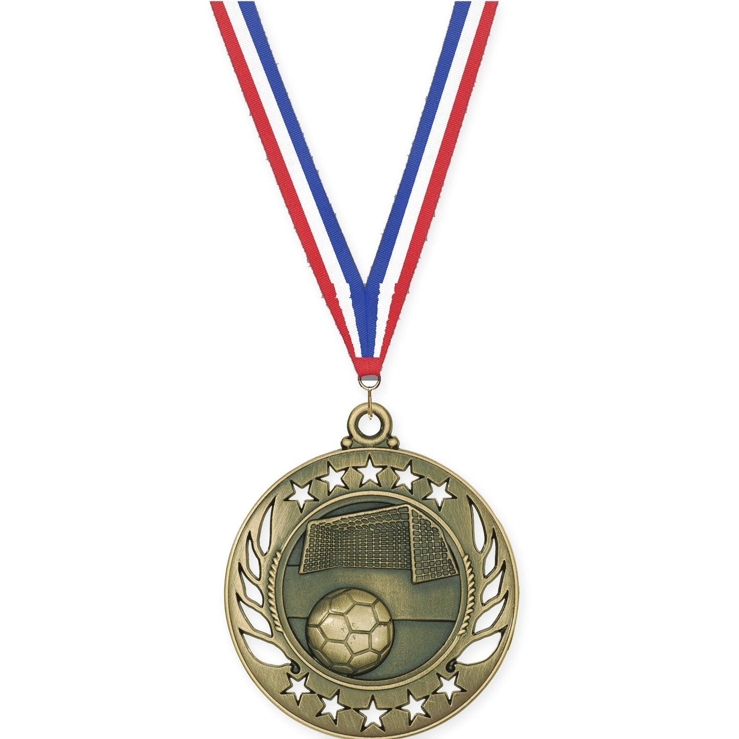 2 1/4 inch soccer Galaxy medal in antique gold with Red White Blue neck ribbon