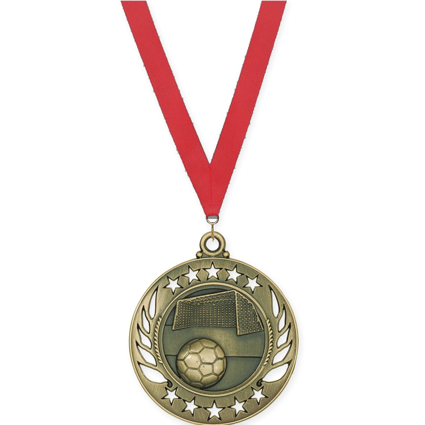 2 1/4 inch soccer Galaxy medal in antique gold with Red neck ribbon