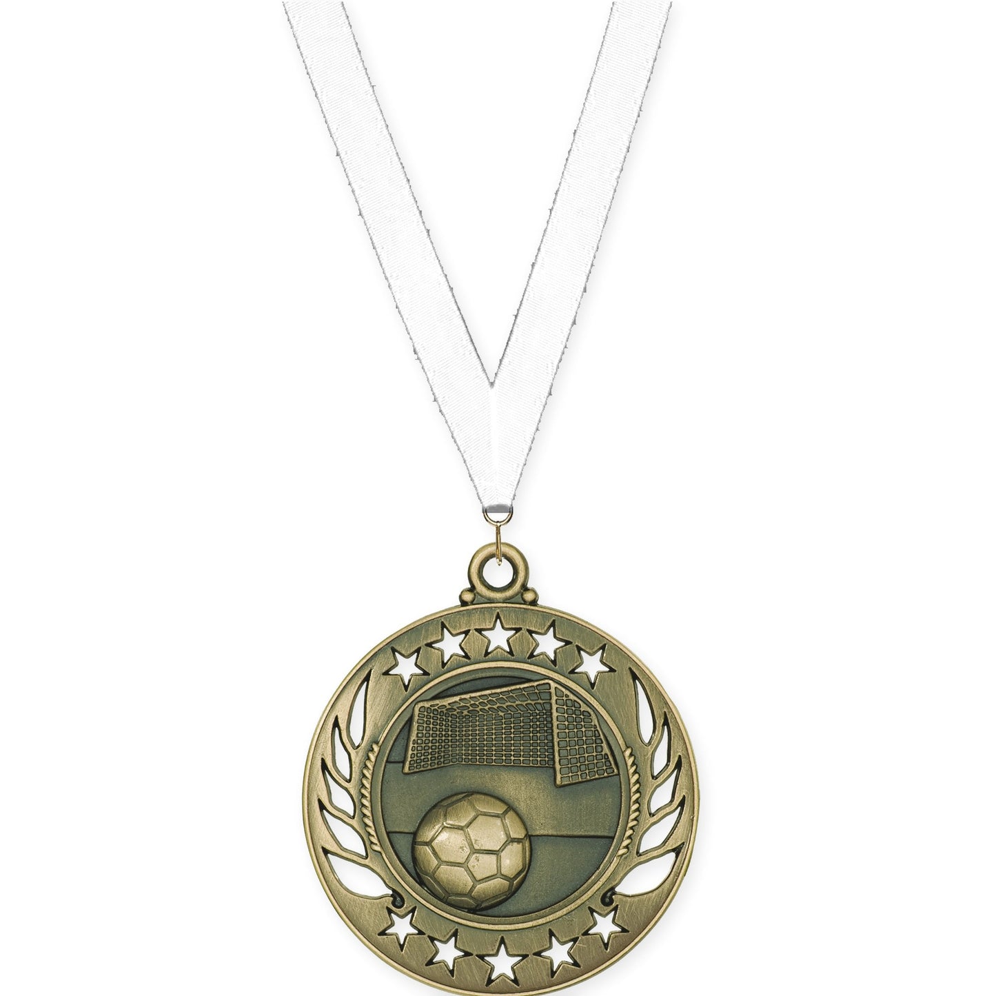 2 1/4 inch soccer Galaxy medal in antique gold with White neck ribbon