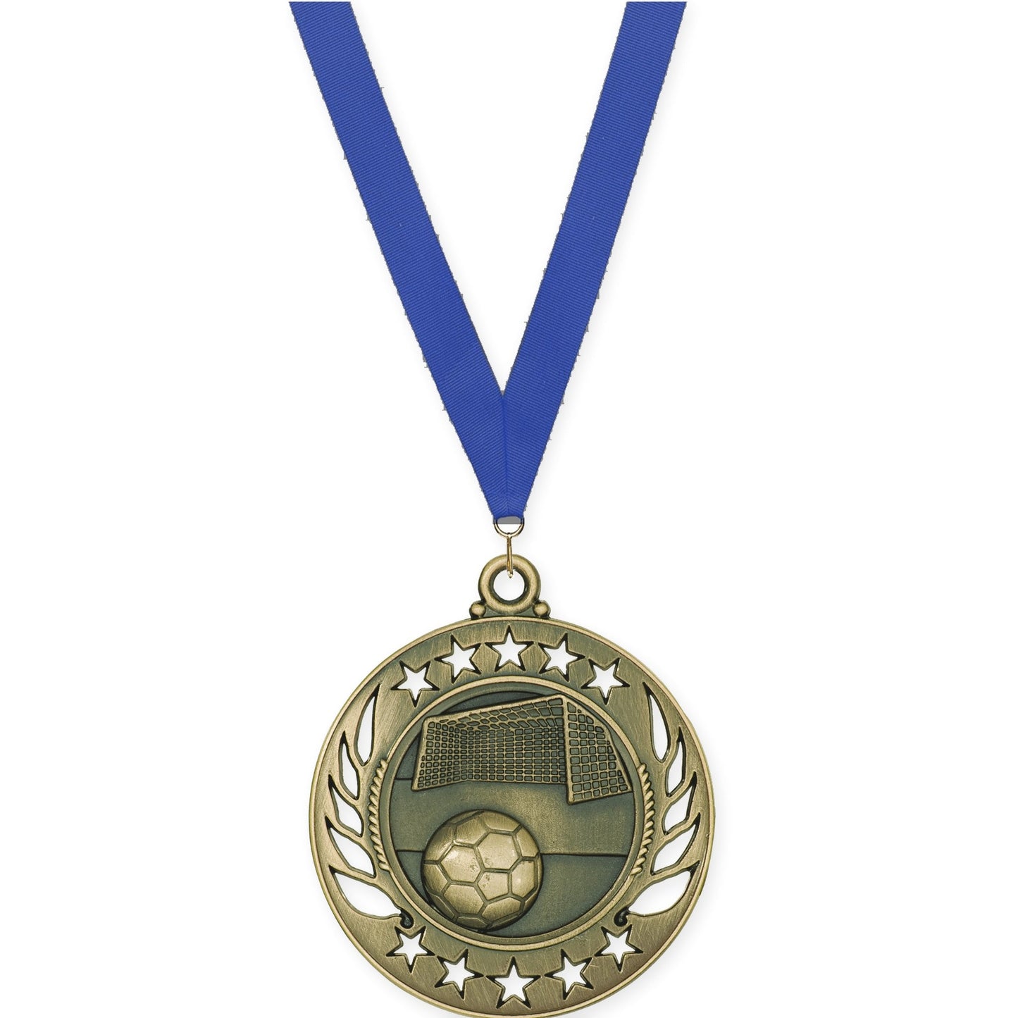 2 1/4 inch soccer Galaxy medal in antique gold with Blue neck ribbon